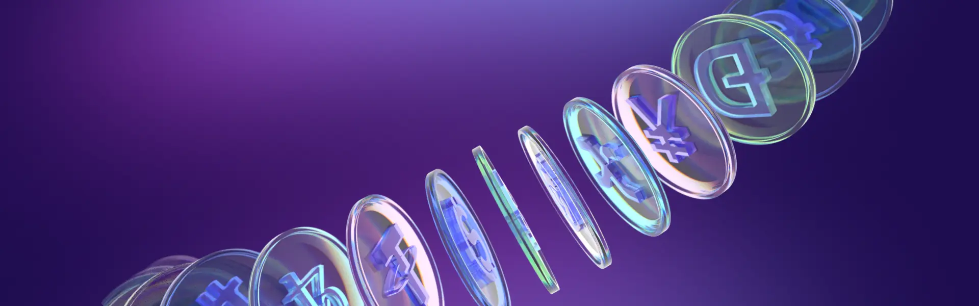 3D render of translucent crypto and currency coins arranged in a diagonal line on purple