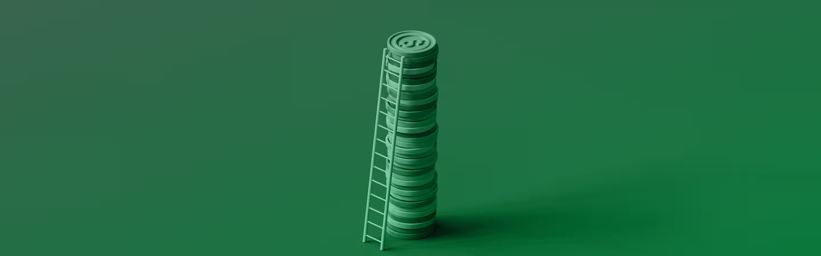 A green stack of circular tokens topped with a dollar symbol, beside a vertical green ladder against a solid green background.