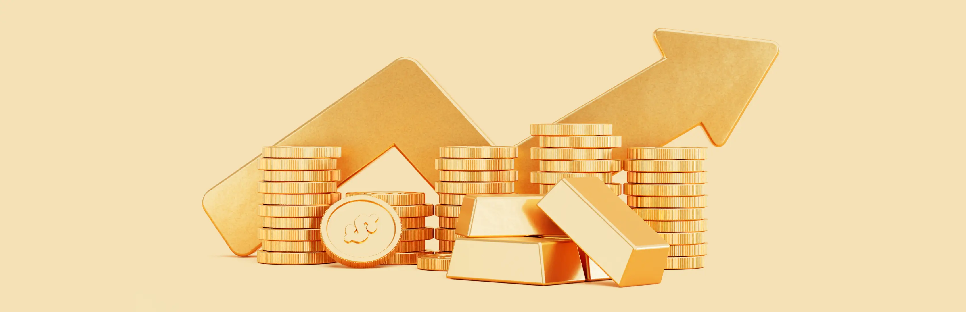 A few 3D models of gold coins are designed on a yellow background