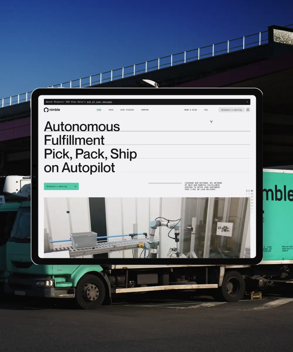 Tablet mockup showing the Nimble autonomous fulfillment website hero section over a delivery truck background, with messaging about automated pick, pack, and ship operations.