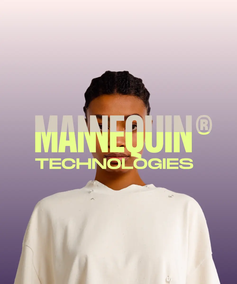 Branding visual on a purple gradient: a person in a white top with "Mannequin® Technologies" in yellow text across their face.