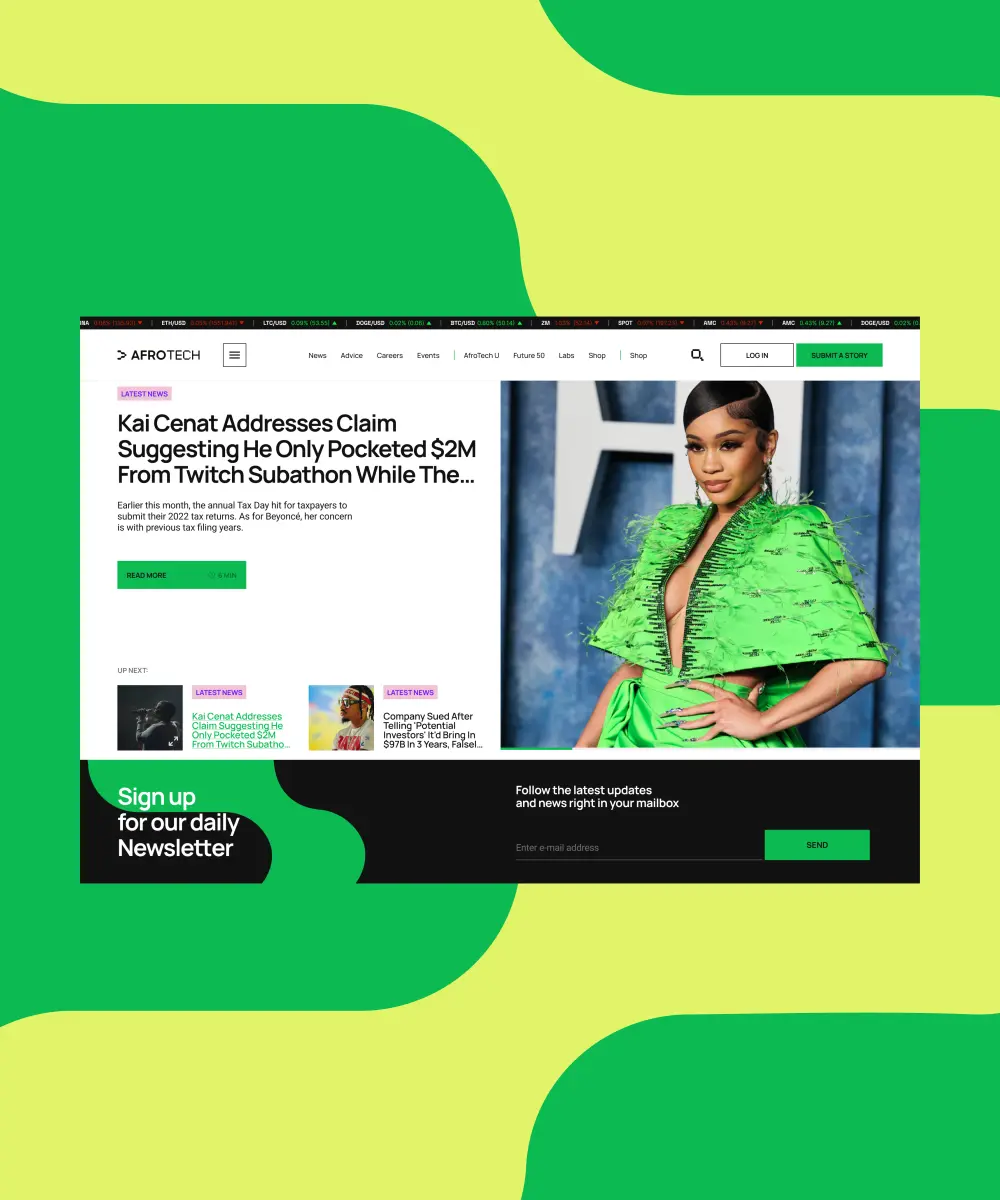 Afrotech desktop homepage mockup shows a featured entertainment news article, celebrity image, latest story cards, and a newsletter signup section in a bold green, black, and white visual style.