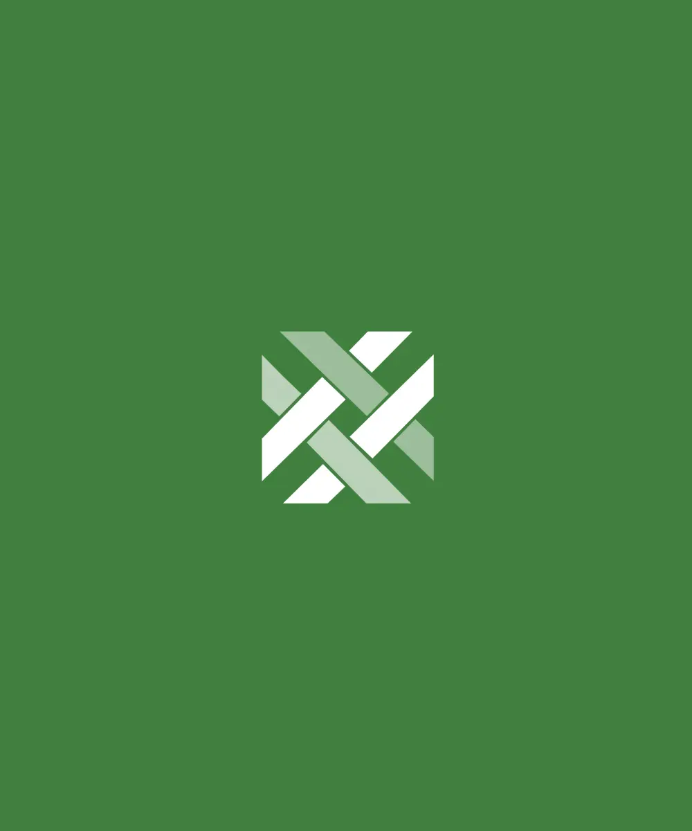 Minimalist green cover design featuring an abstract woven geometric emblem centered on a solid background.