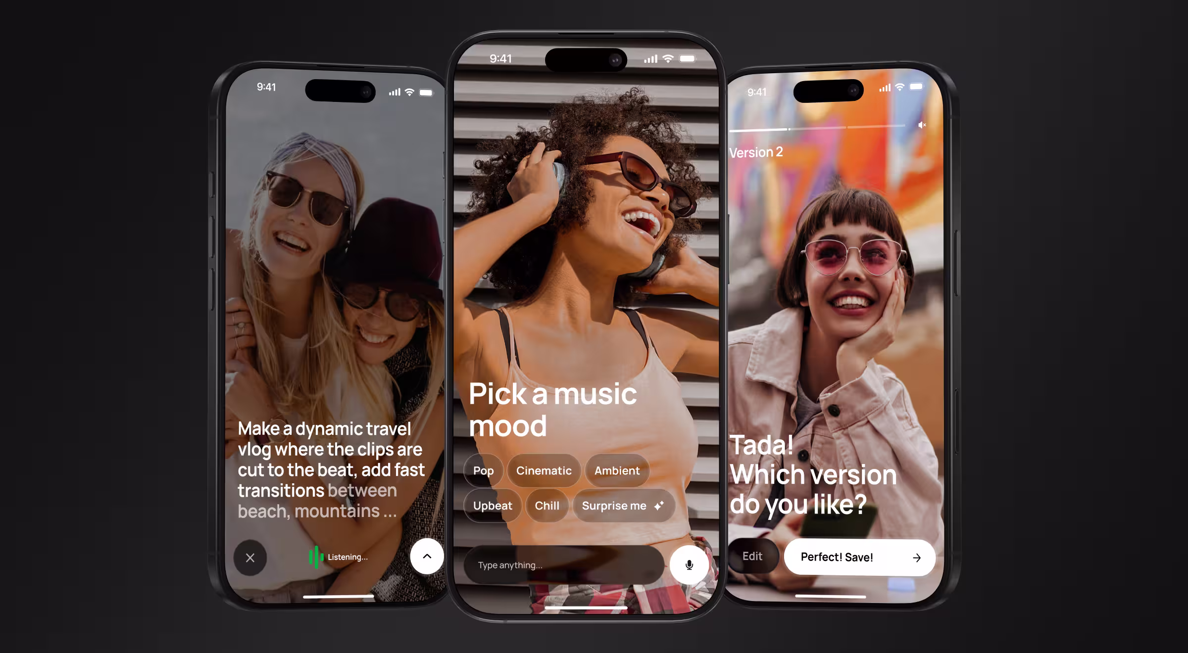Three smartphone screens showing the Elva voice-first video editing app in sequence: a user speaking the prompt "Make a dynamic travel vlog where the clips are cut to the beat" while the app listens, a "Pick a music mood" screen with Pop, Cinematic, Ambient, Upbeat, Chill, and Surprise me options, and a "Tada! Which version do you like?" screen with Edit and "Perfect! Save!" buttons.