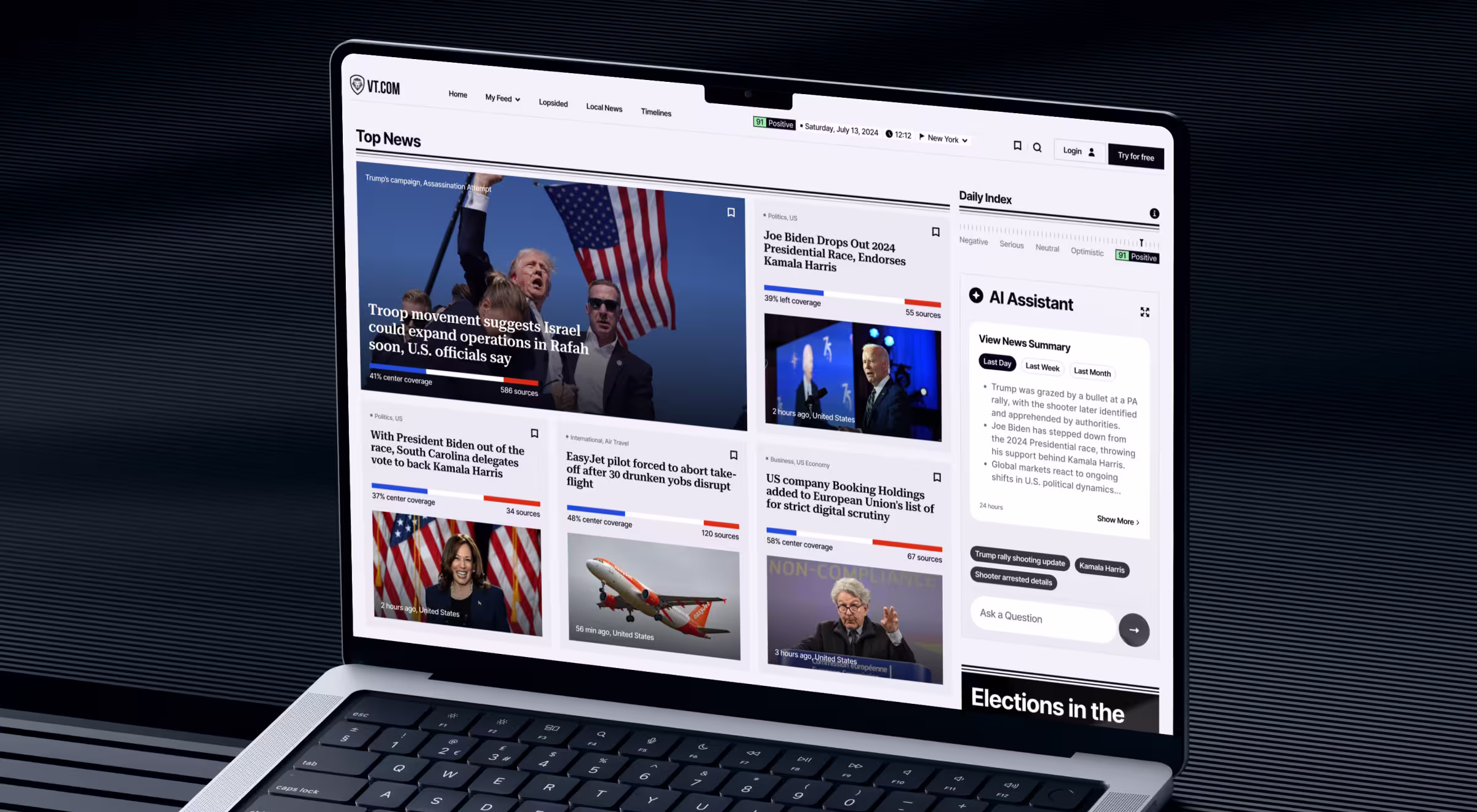 VT.com unbiased news platform on a laptop, showing a personalized Top News feed where each story carries a coverage bias scale and source count, alongside a Daily Index sentiment meter and an AI Assistant panel summarizing the day's news.