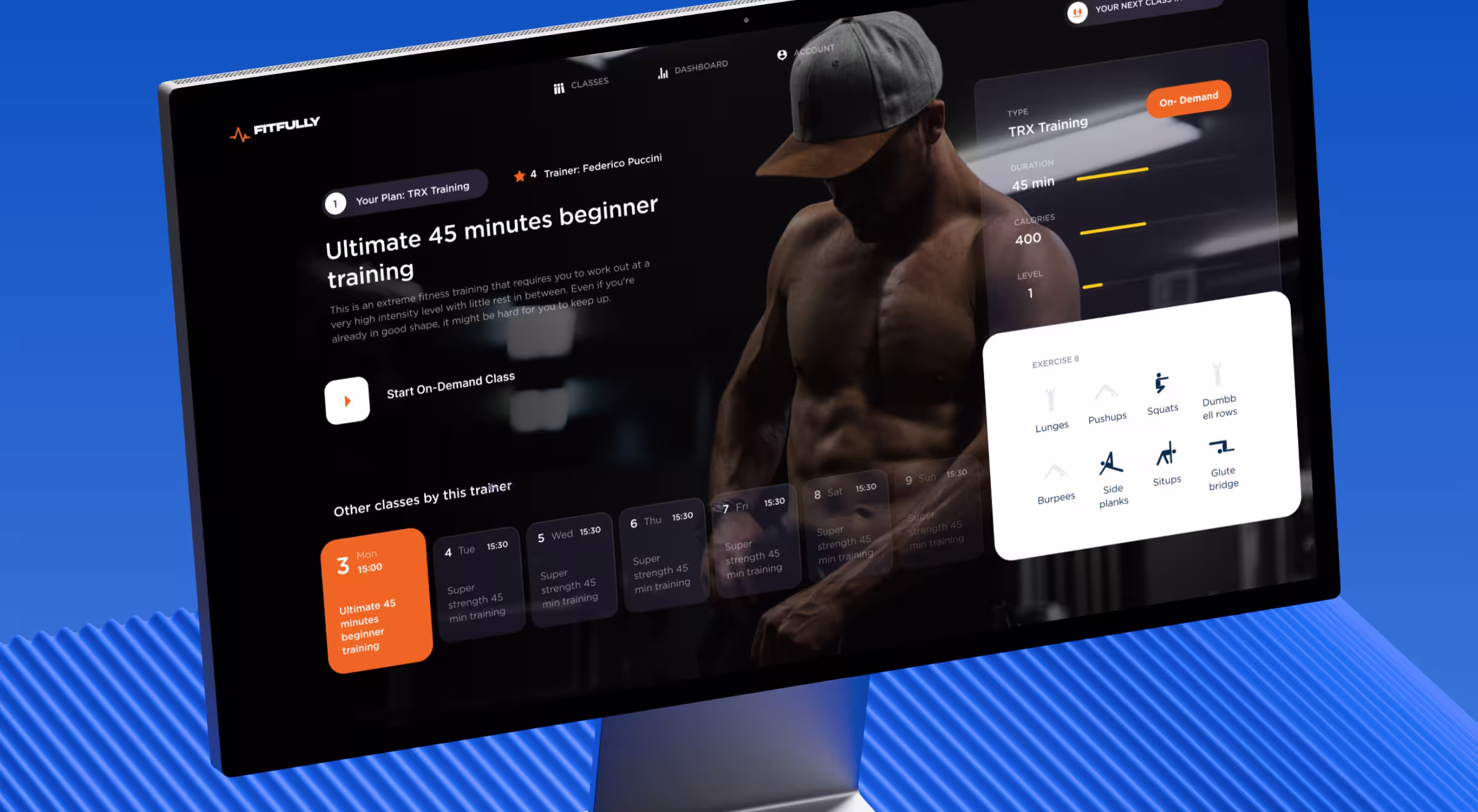 Fitfully fitness platform dashboard on a desktop monitor, showing a personalized "Ultimate 45 minutes beginner" TRX training plan with duration, calories, and level details, an eight-move exercise list, and a schedule of other classes by the same trainer.