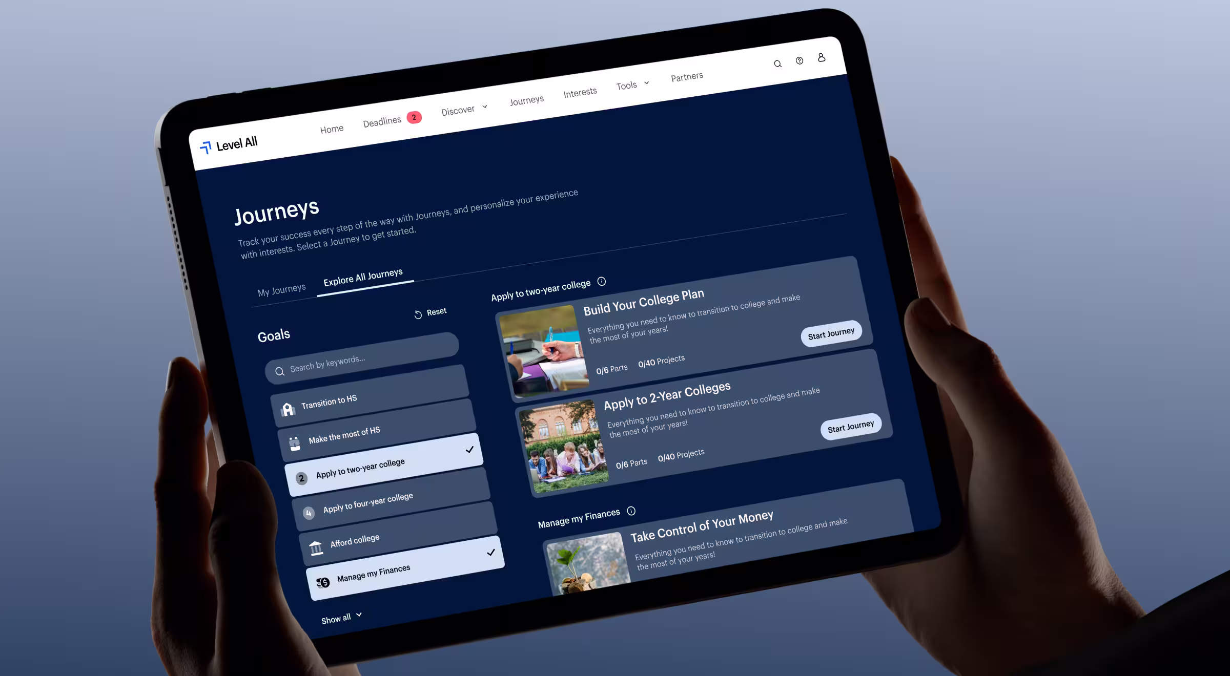 Level All edtech platform on a tablet, showing the Journeys screen where a student filters goals such as "Apply to two-year college" to personalize their college-planning path, with journey cards like "Build Your College Plan" and progress tracked in parts and projects.