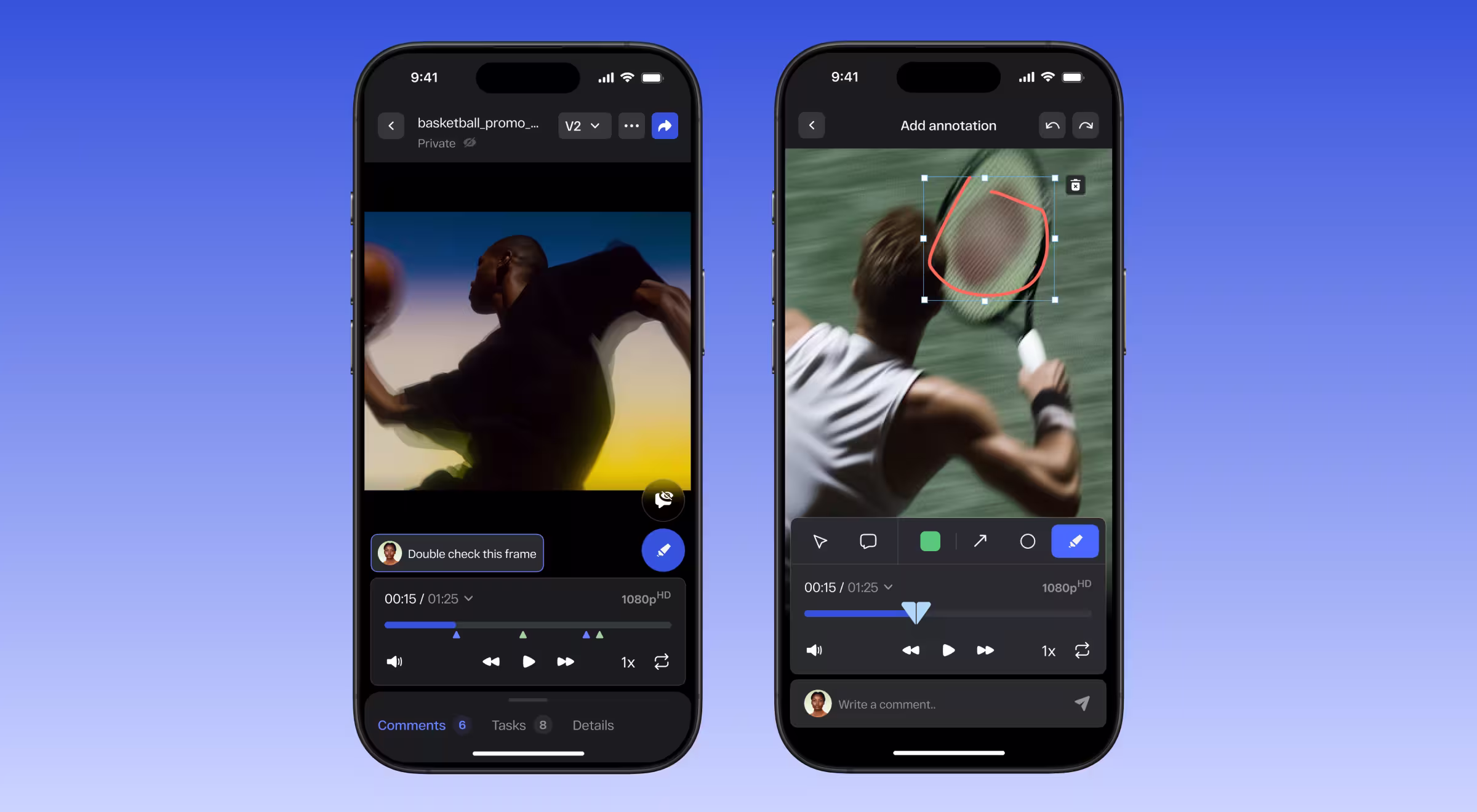 StreamWork video review app shown on two smartphones, with frame-accurate commenting on a basketball promo clip on the left and a red freehand annotation marking up a tennis video on the right.