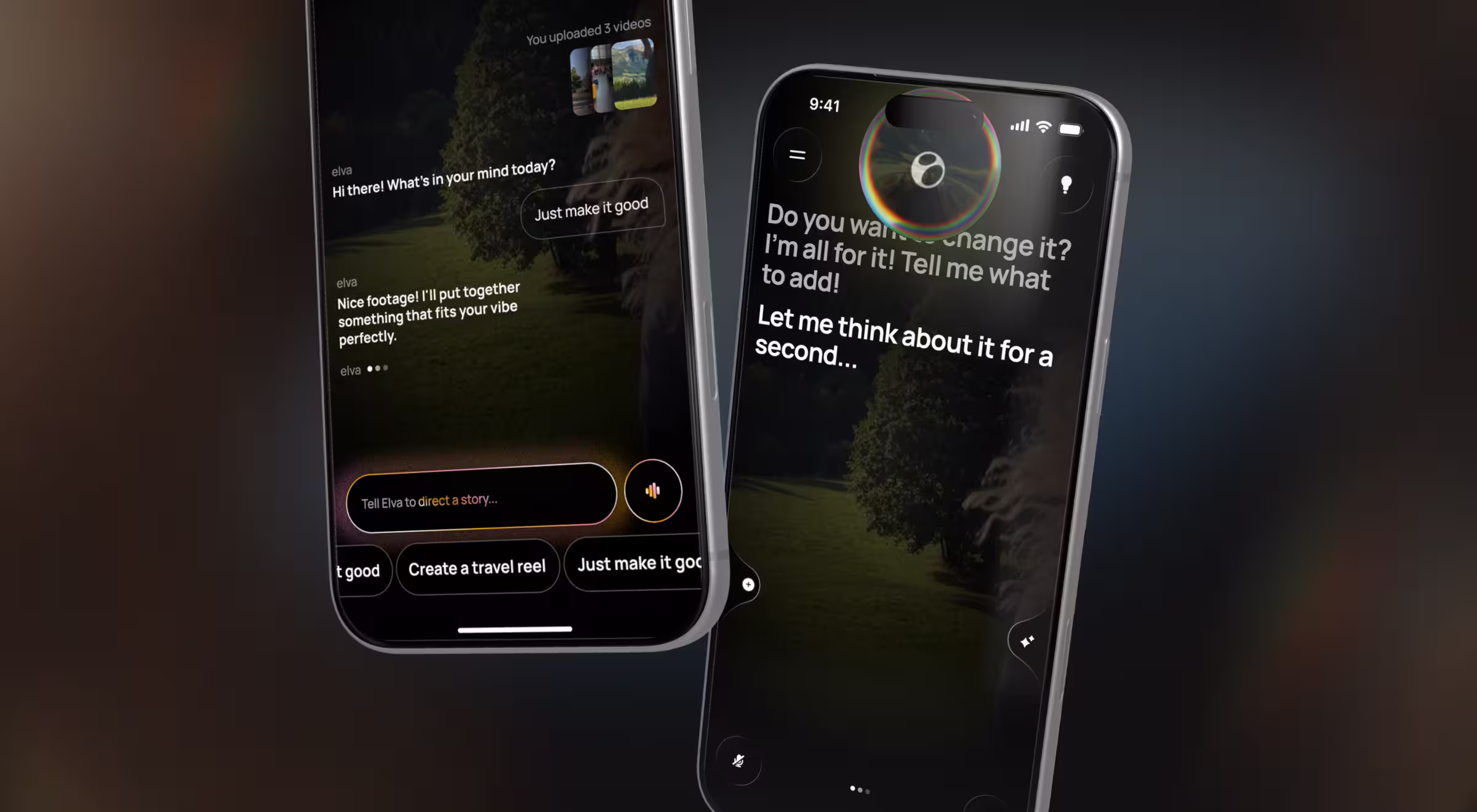 Two iPhones showing Elva, an AI video-editing app, mid-conversation.