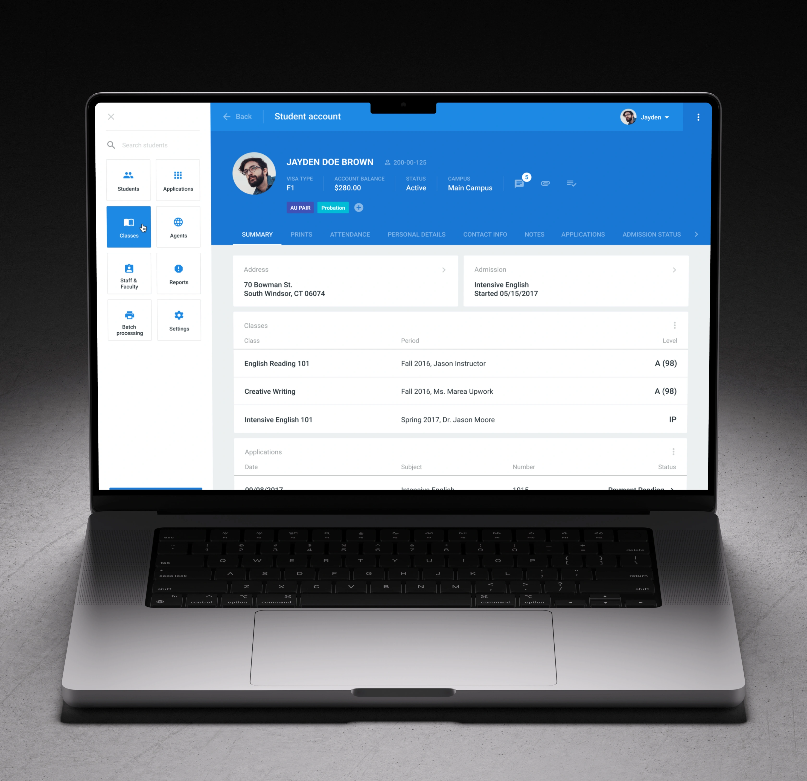 Redesigned Campus AXESS student account on a laptop, showing key student indicators at the top and tabs for summary, prints, attendance, personal details, notes, and applications.