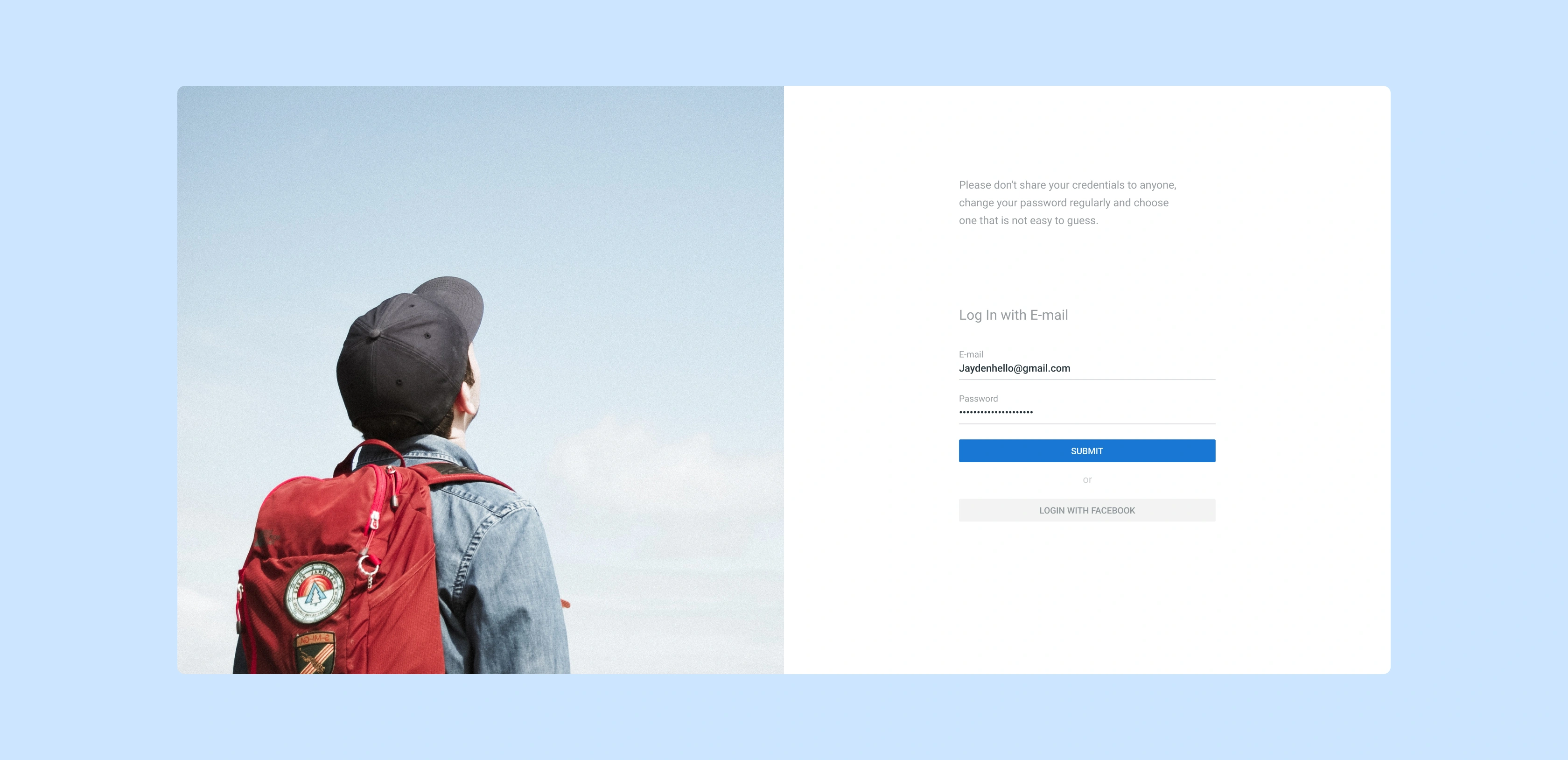 Campus AXESS login screen with a split layout: a student photo on the left and an email-and-password sign-in with a social login option and short security guidance on the right.
