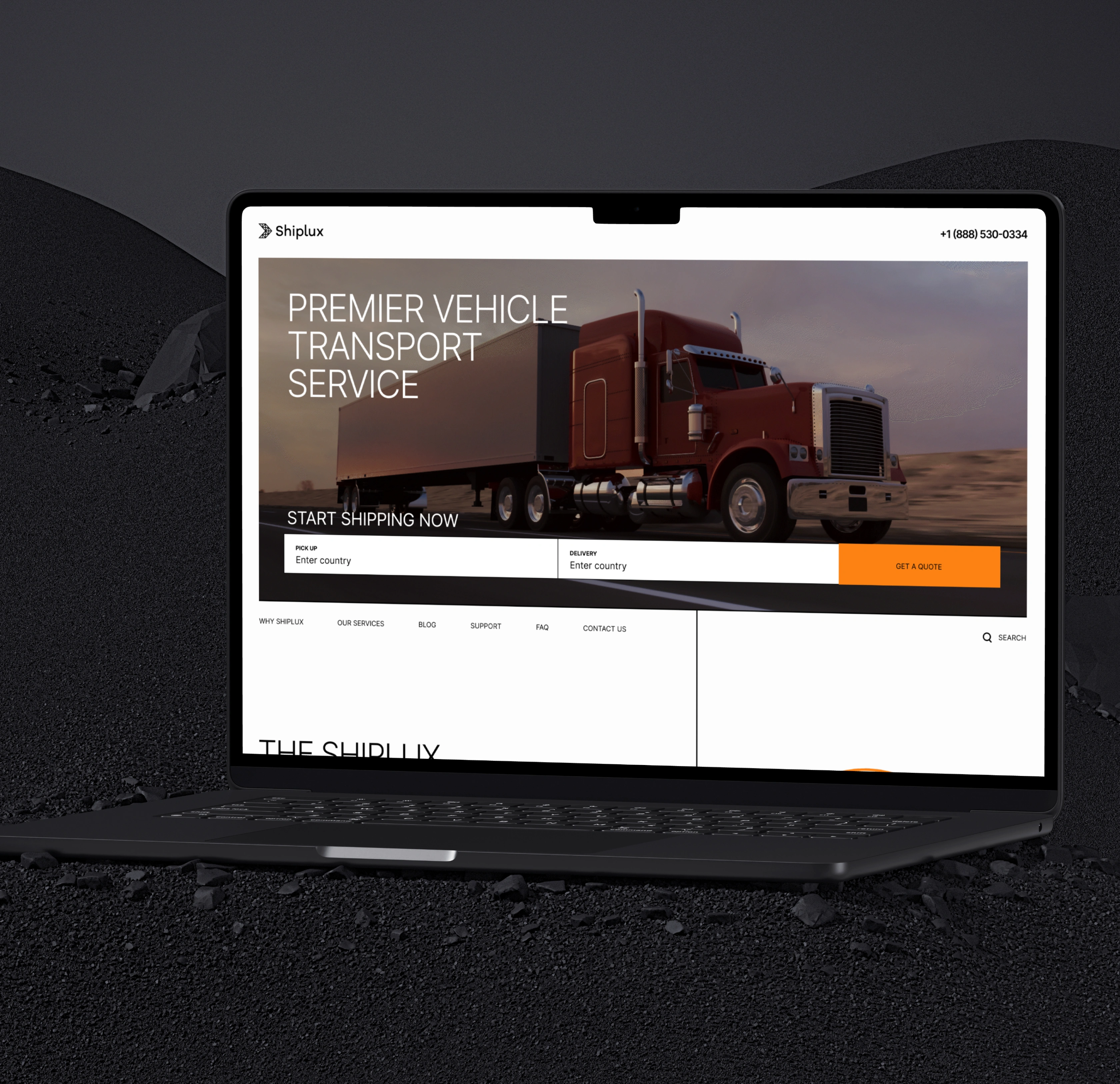 Angled view of the Shiplux homepage on a laptop, showing the vehicle-transport hero and the instant quote entry above the fold.