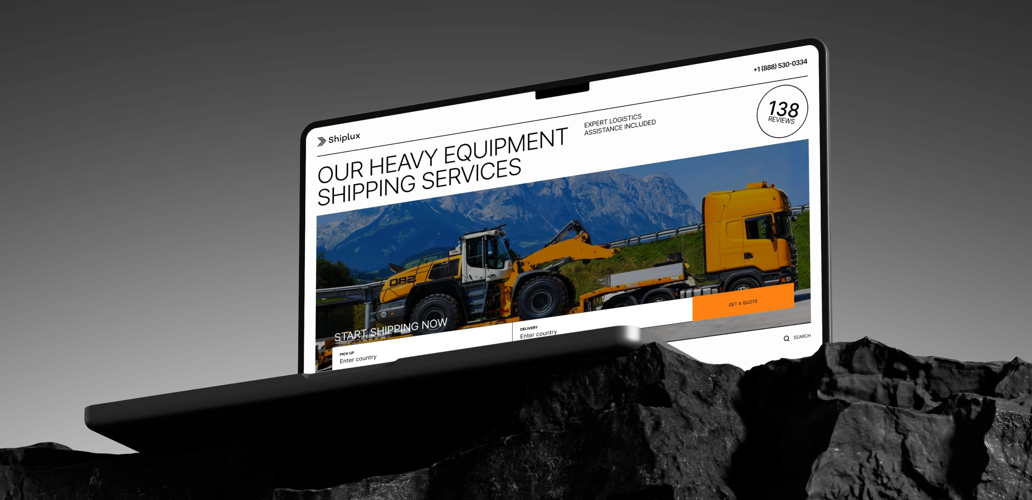 Shiplux heavy-equipment shipping page on a laptop, showing a wheel loader on a flatbed truck, an "Expert Logistics Assistance Included" tag, and a customer-reviews badge.