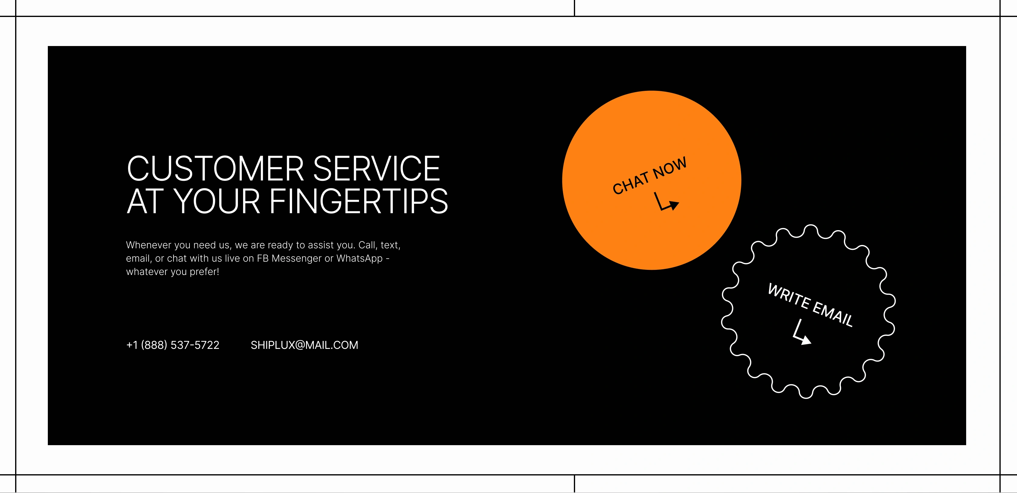 Shiplux "Customer Service at Your Fingertips" section offering support by phone, text, email, and live chat, with Chat Now and Write Email actions.