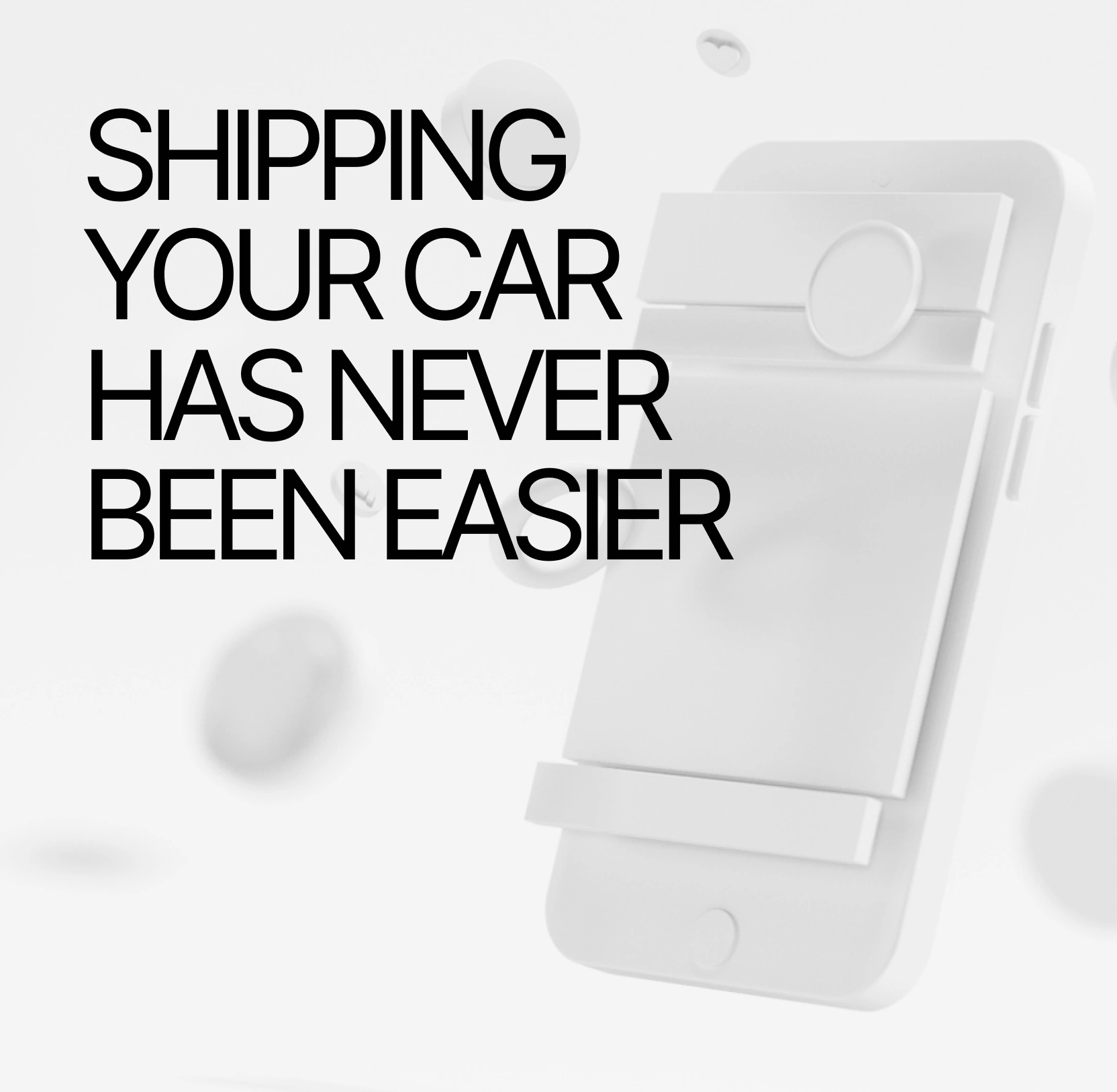 Stylized white 3D smartphone floating among soft shapes beside the headline "Shipping your car has never been easier," representing Shiplux's mobile booking.