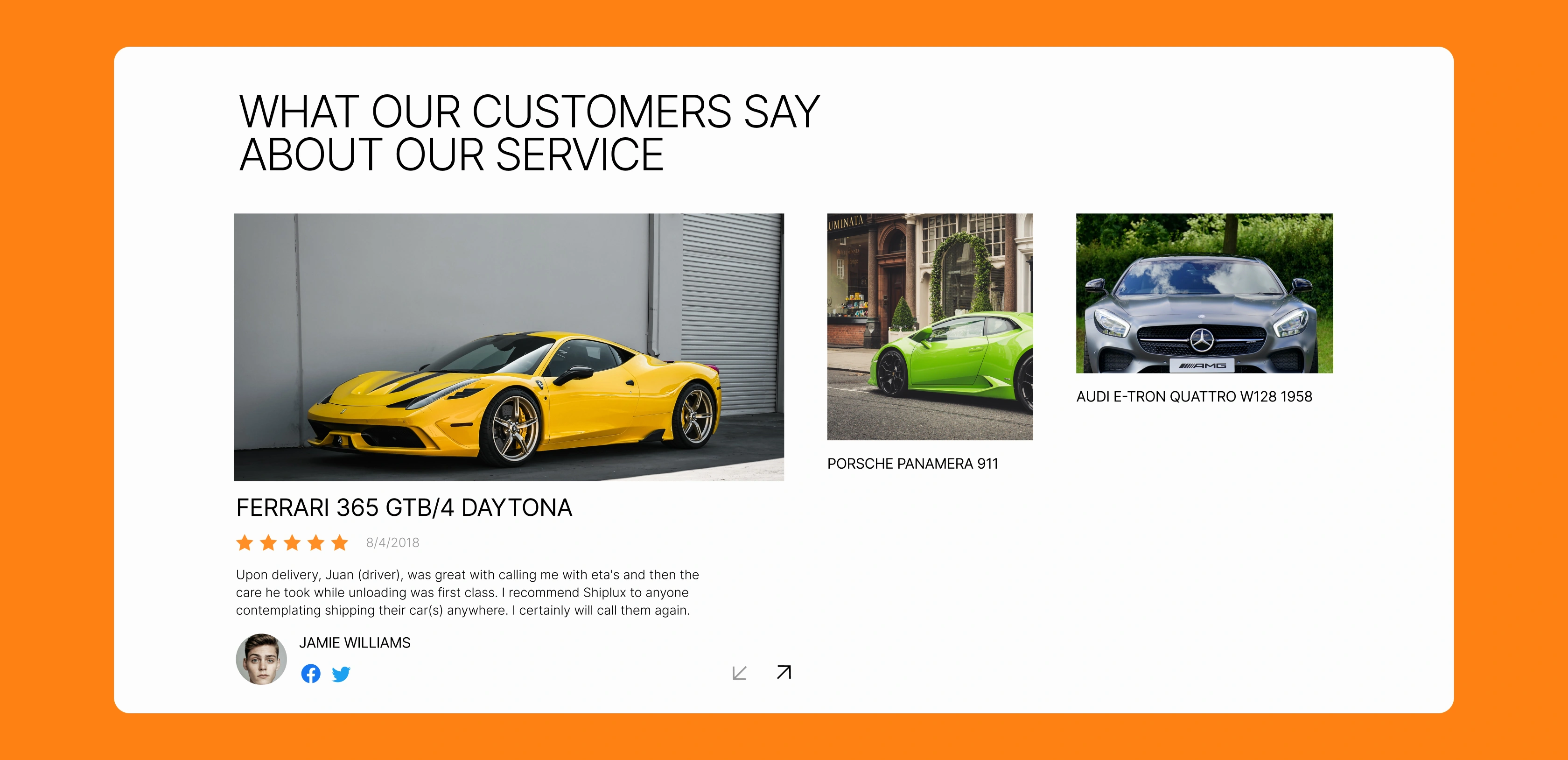 Shiplux "What our customers say about our service" section, pairing a five-star customer review with photos of high-end sports cars that were shipped.