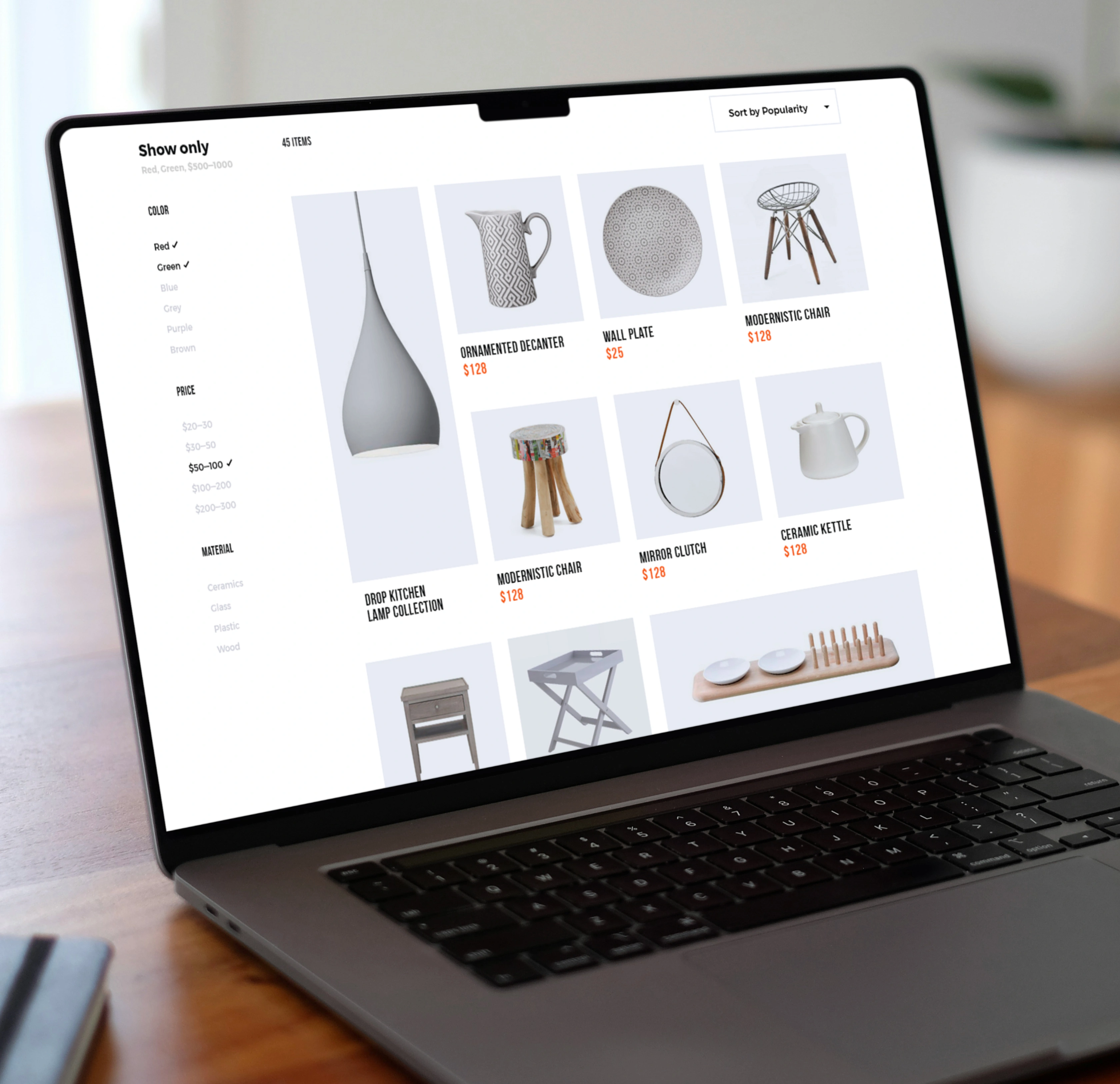 Chuvachi catalog page with color, price, and material filters beside a product grid