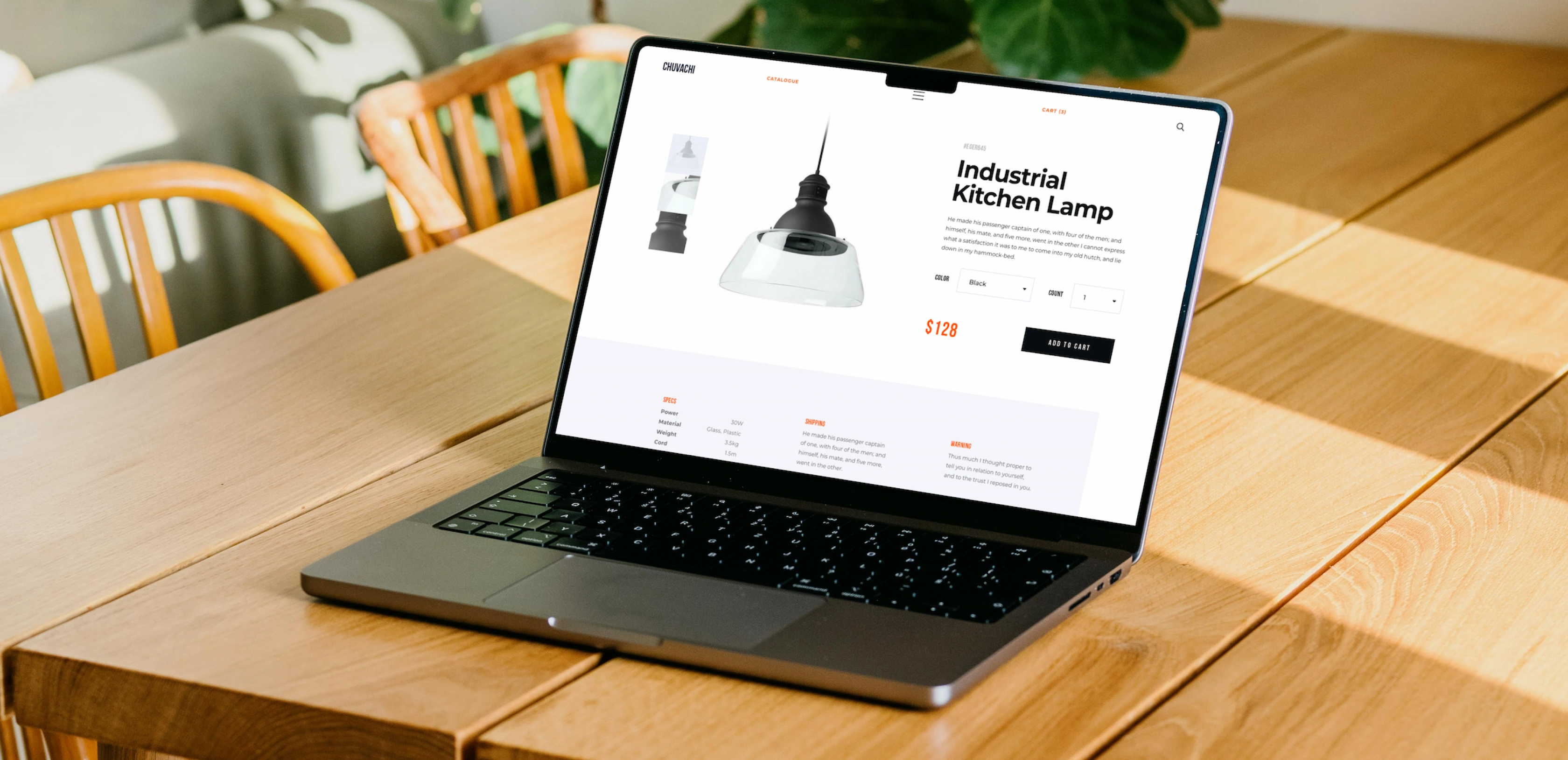 Chuvachi product page on a laptop with product imagery, pricing, and an add-to-cart action.