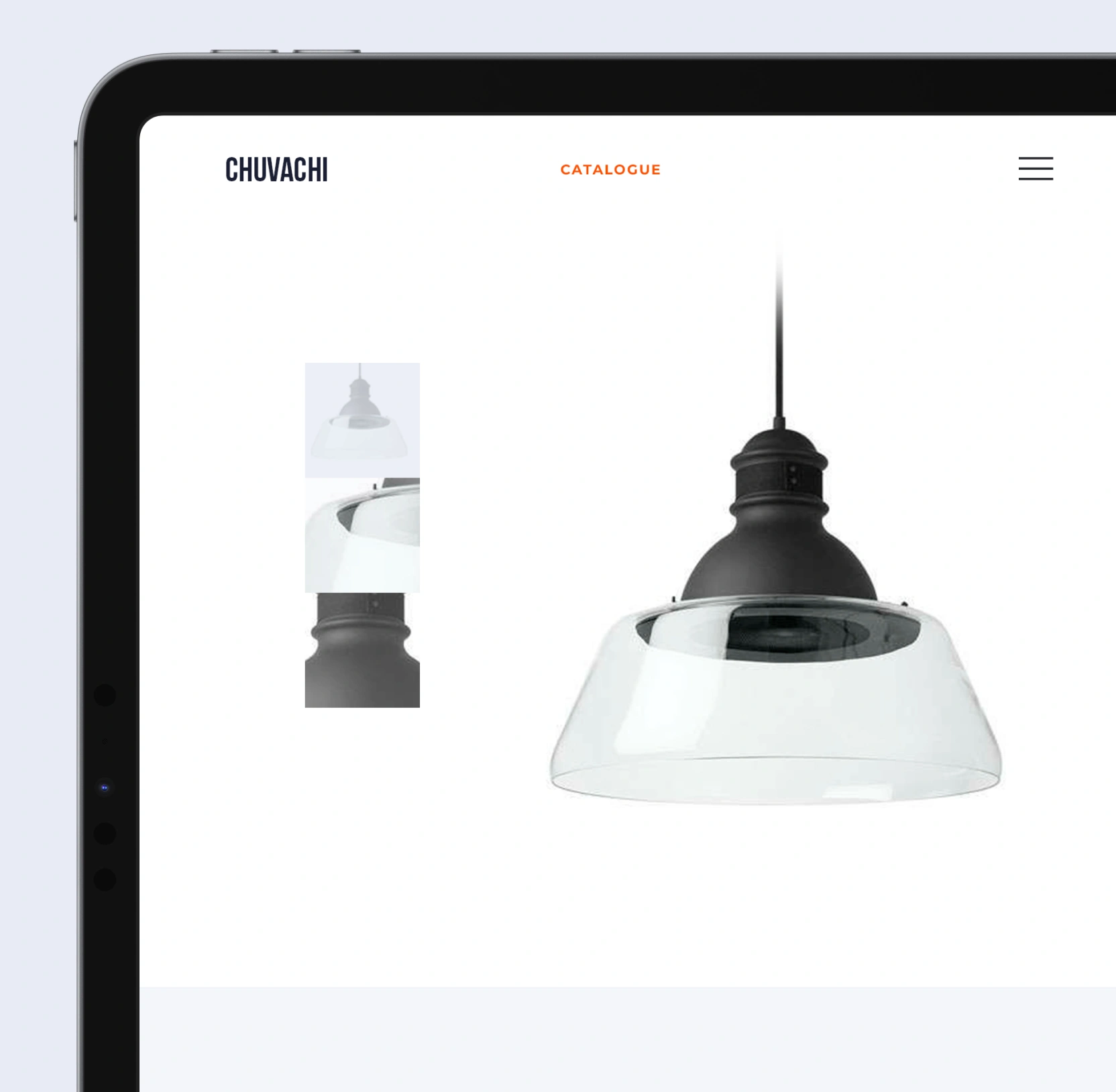 Chuvachi product page on a tablet with a large lamp image and a thumbnail gallery