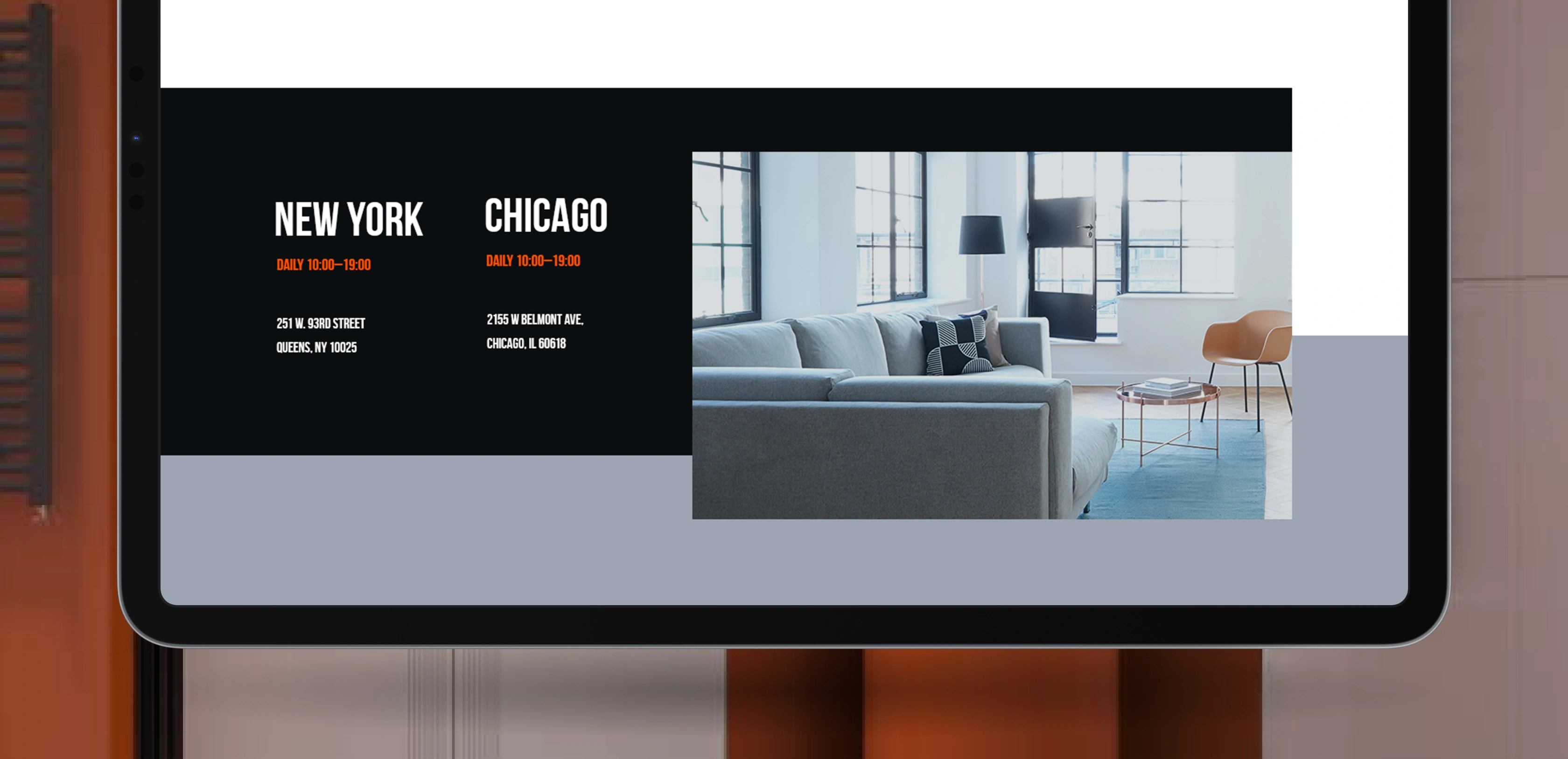 Chuvachi showroom section listing two store locations with opening hours, addresses, and an interior photo.