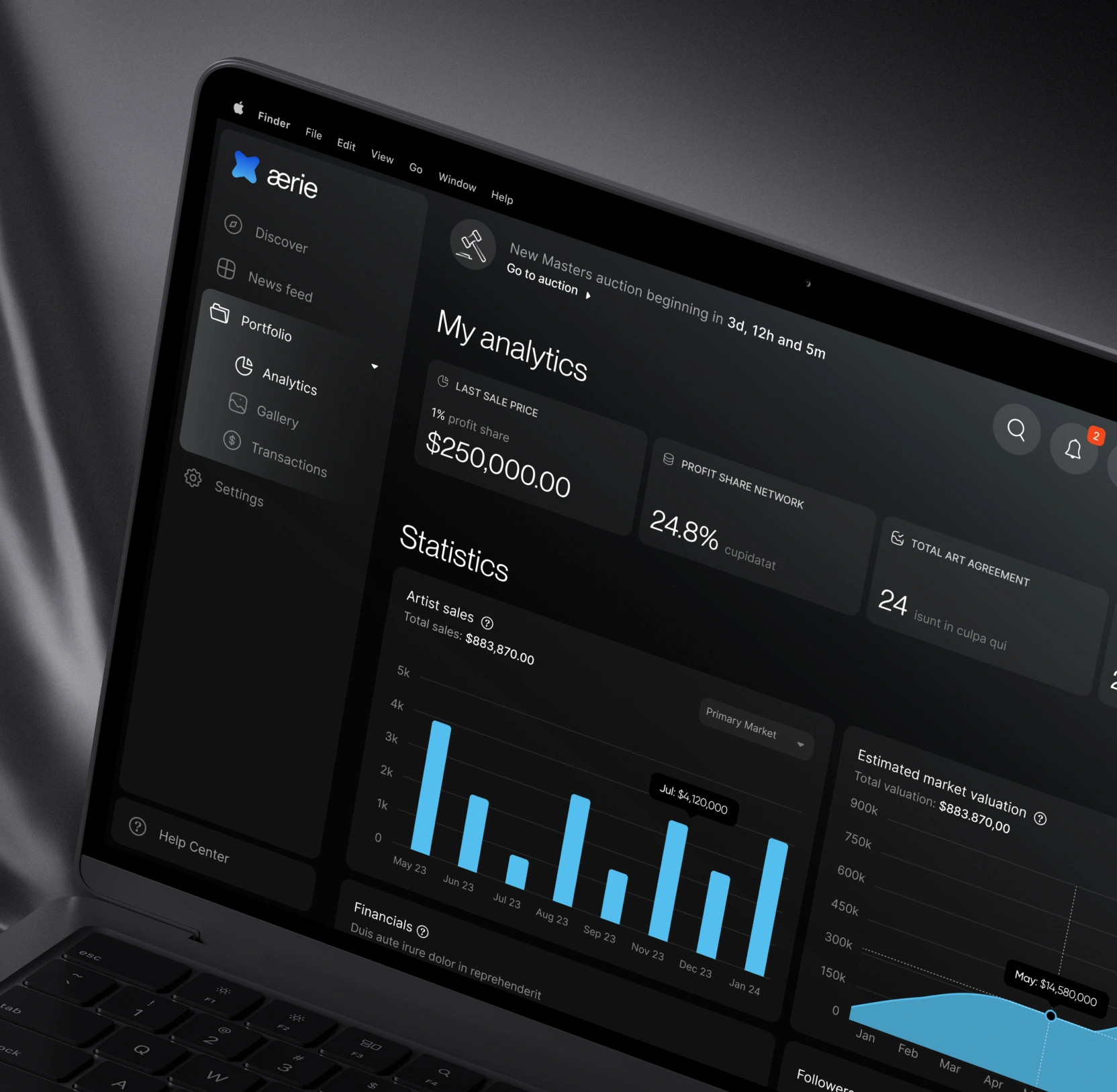 Angled MacBook mockup showing the Aerie "My analytics" dashboard in dark mode, with a last-sale-price card and an artist sales bar chart.