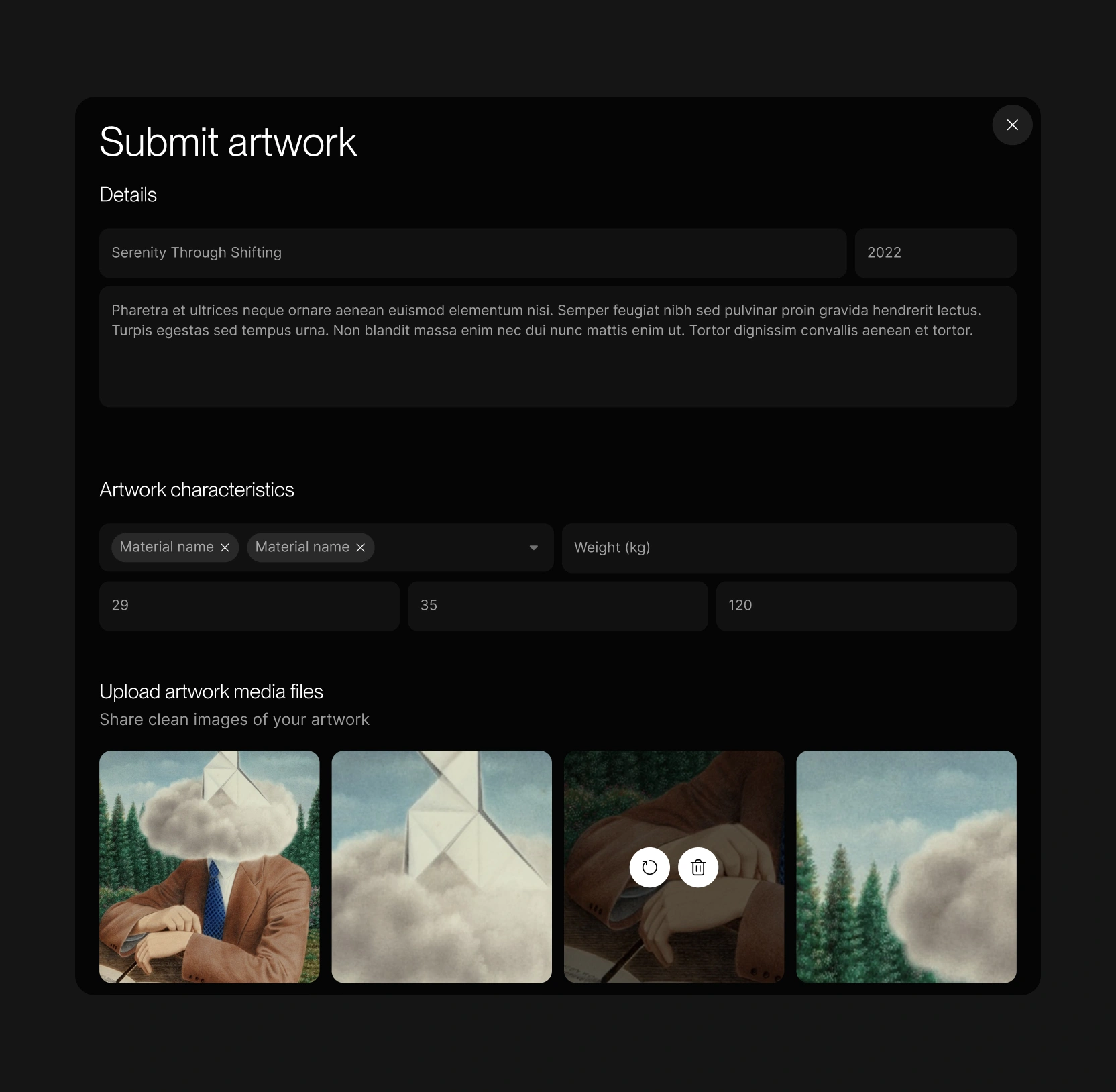 Aerie "Submit artwork" modal in dark mode, with fields for title, description and material characteristics, plus four uploaded artwork thumbnails.