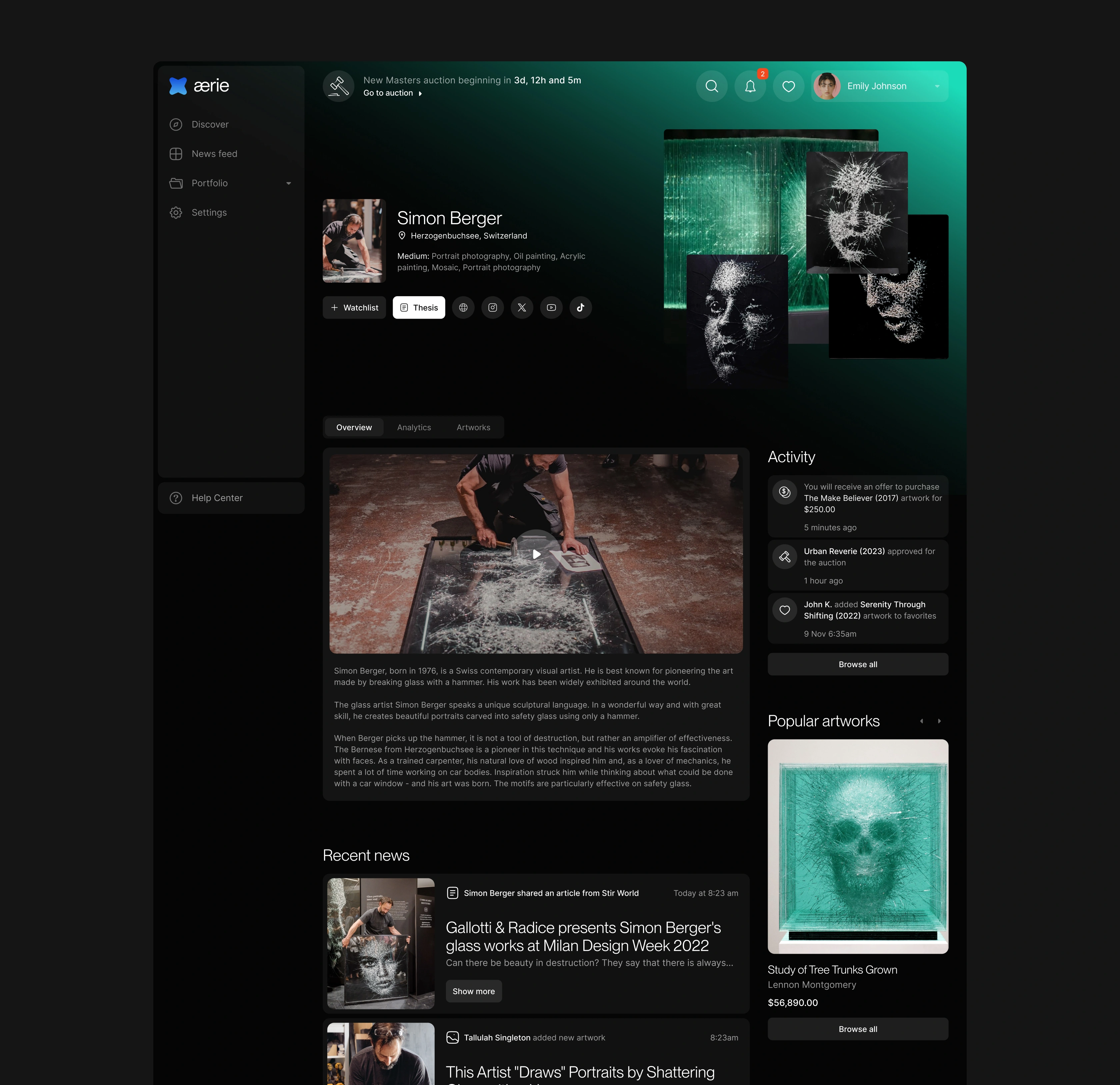 Aerie artist profile page for glass artist Simon Berger, featuring his bio, a process video, an activity feed and shattered-glass portraits.