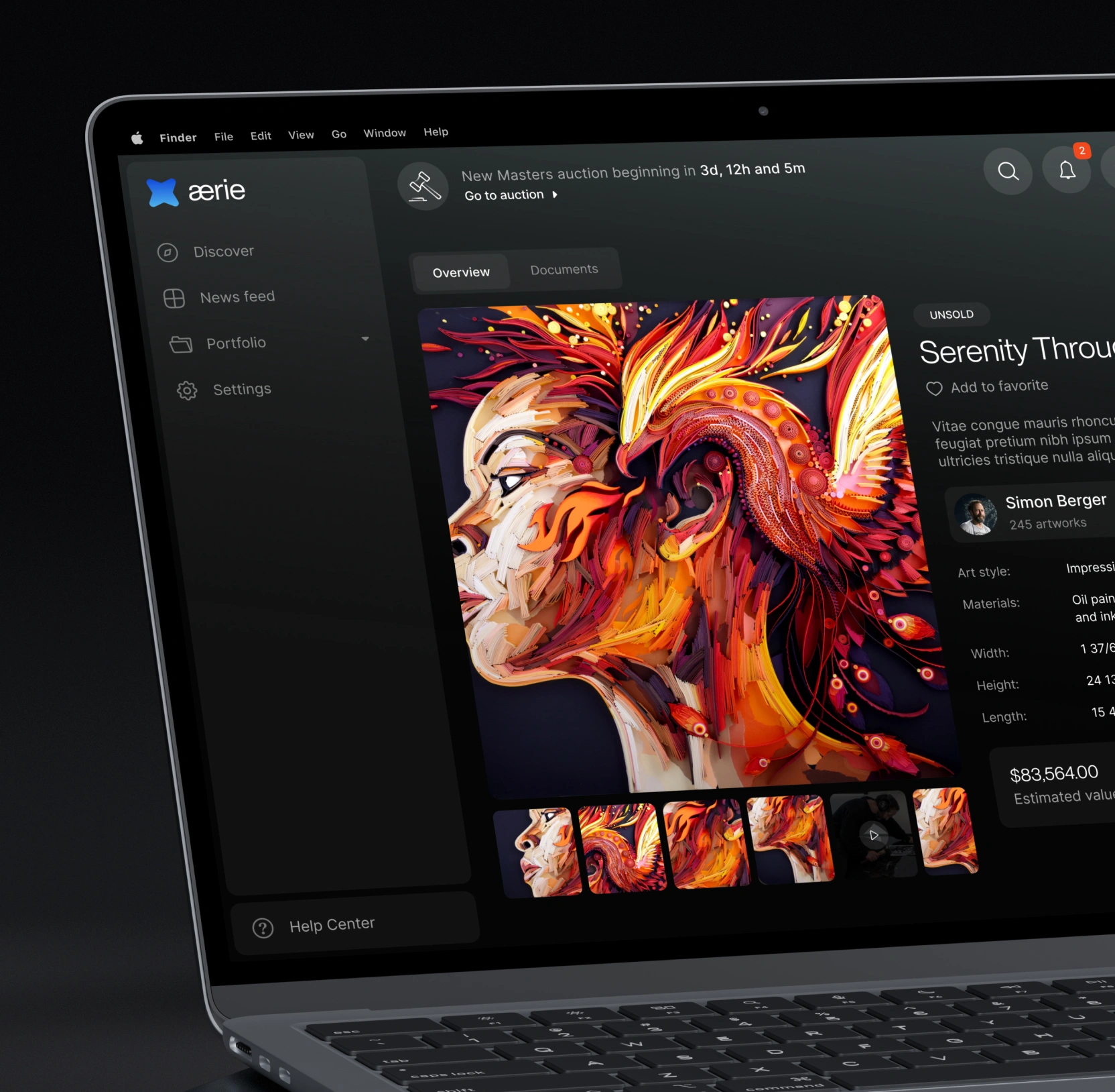 MacBook mockup of Aerie's "Serenity Through Shifting" artwork detail page.