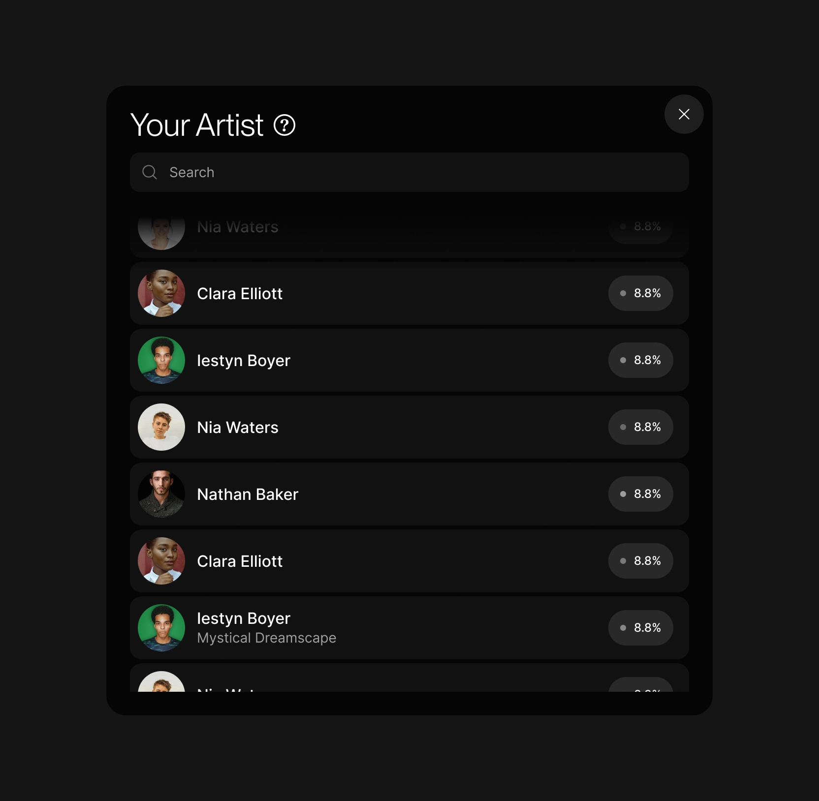 Aerie "Your Artist" modal with a search bar and artist list, each tagged 8.8%.