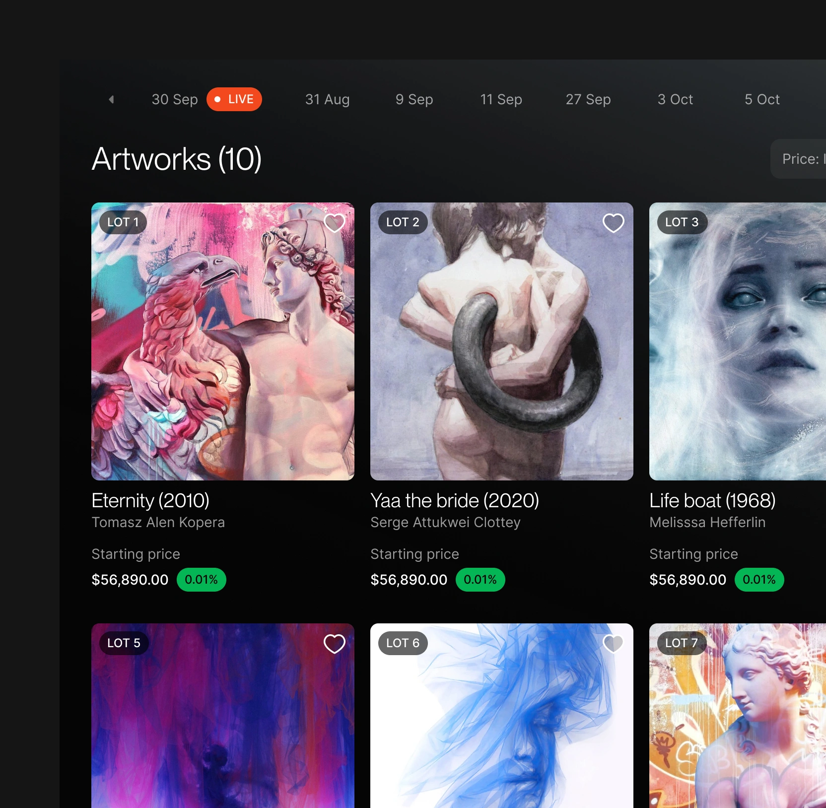 Live art auction interface showing an "Artworks (10)" grid of lots with artist names, starting prices, price-change tags, and auction date tabs.