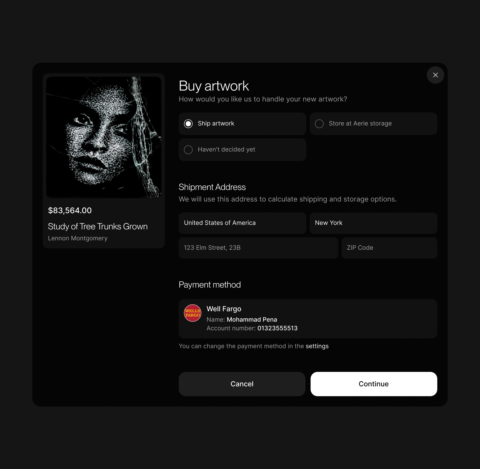 "Buy artwork" checkout modal for "Study of Tree Trunks Grown" ($83,564) with shipping options, shipment address fields, and a Wells Fargo payment method.