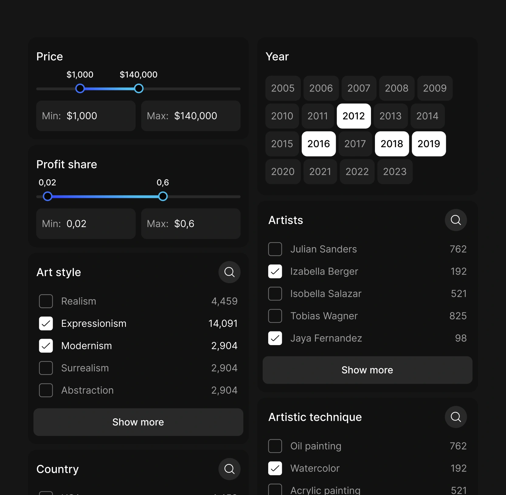 Aerie artwork filter panel with price and profit-share sliders, year selector, and art-style, artist and technique checkboxes.