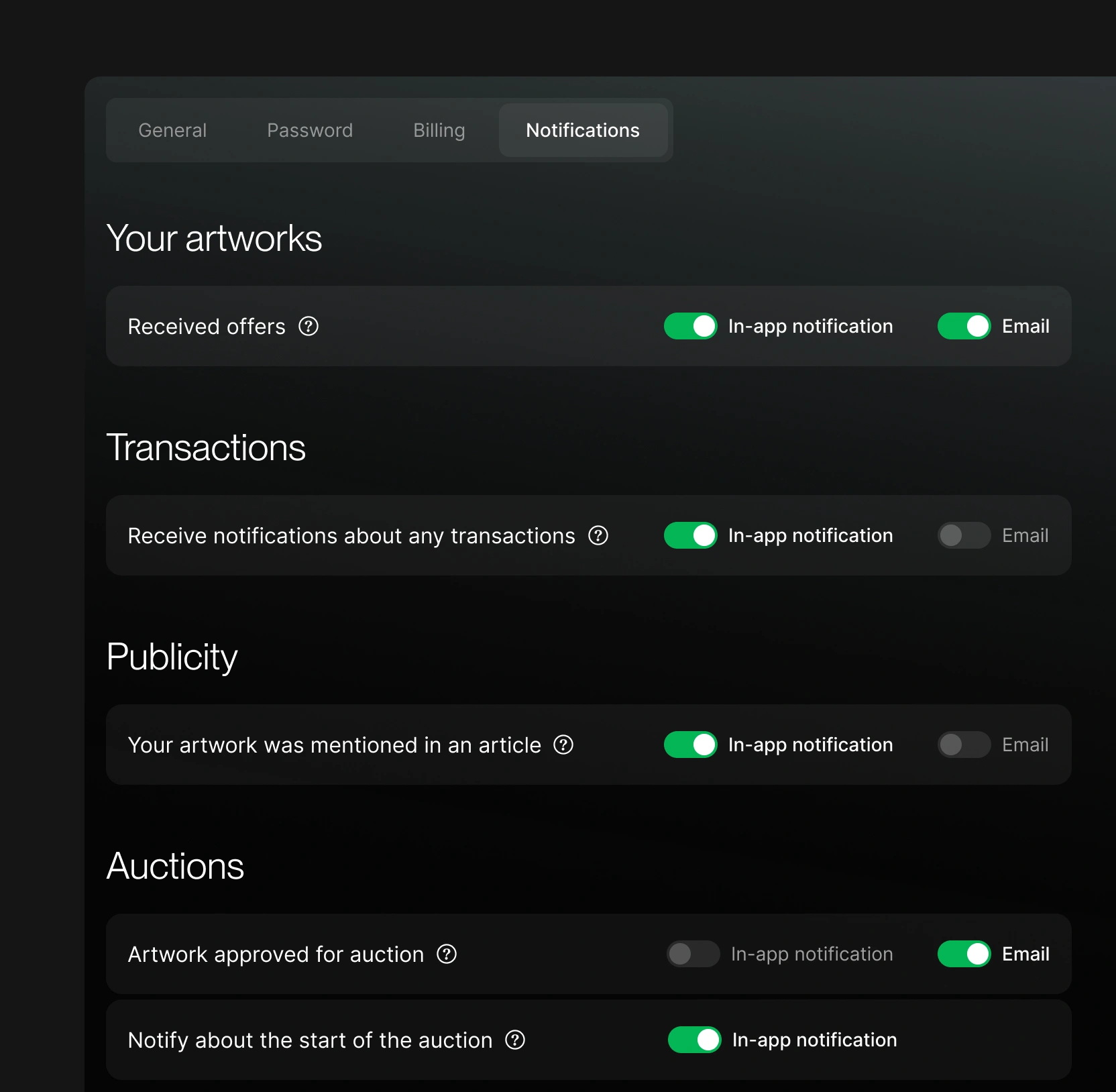 Aerie notification settings with in-app and email toggles grouped by category.