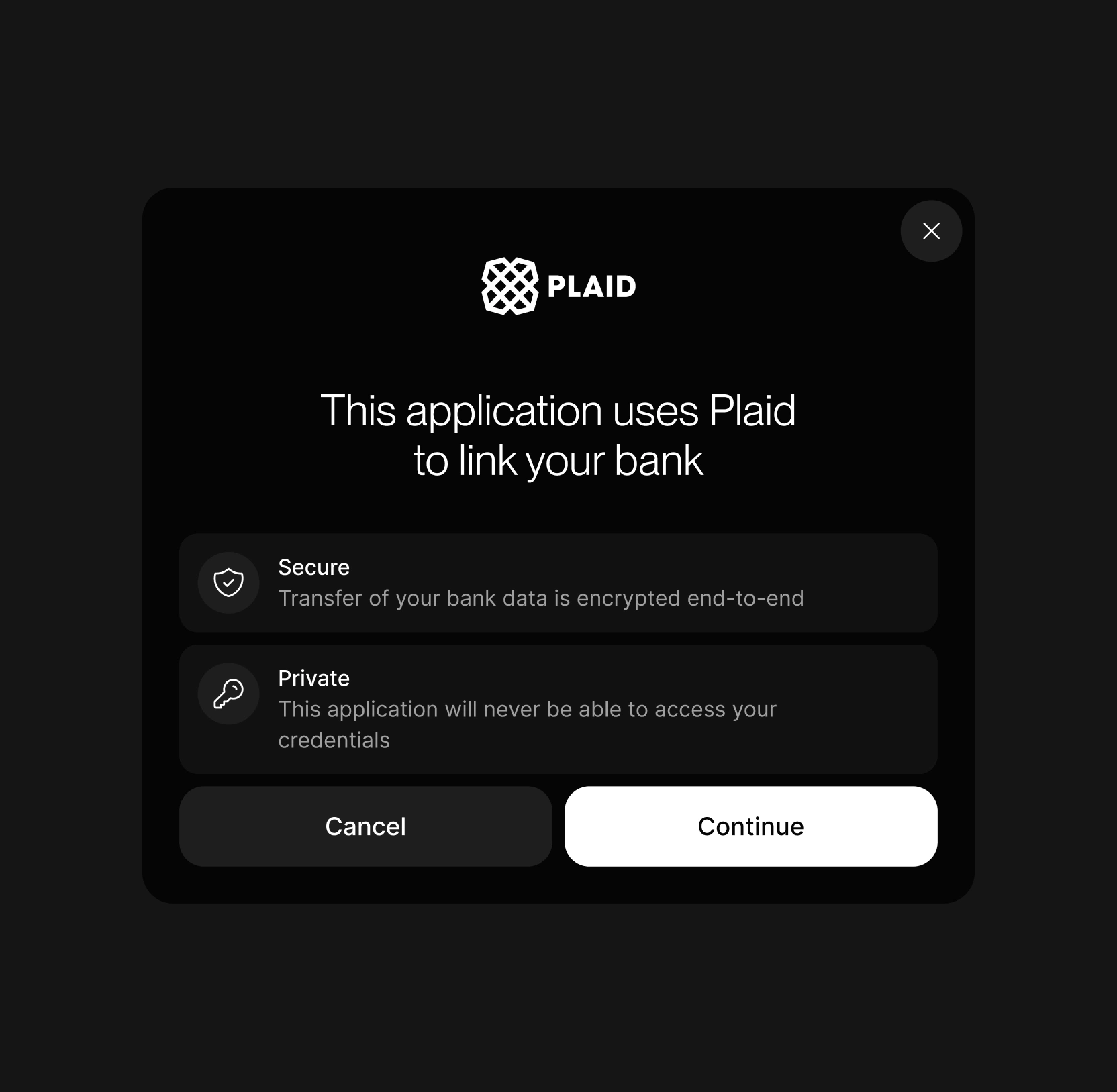 Plaid "link your bank" modal with Secure and Private notes and a Continue button.