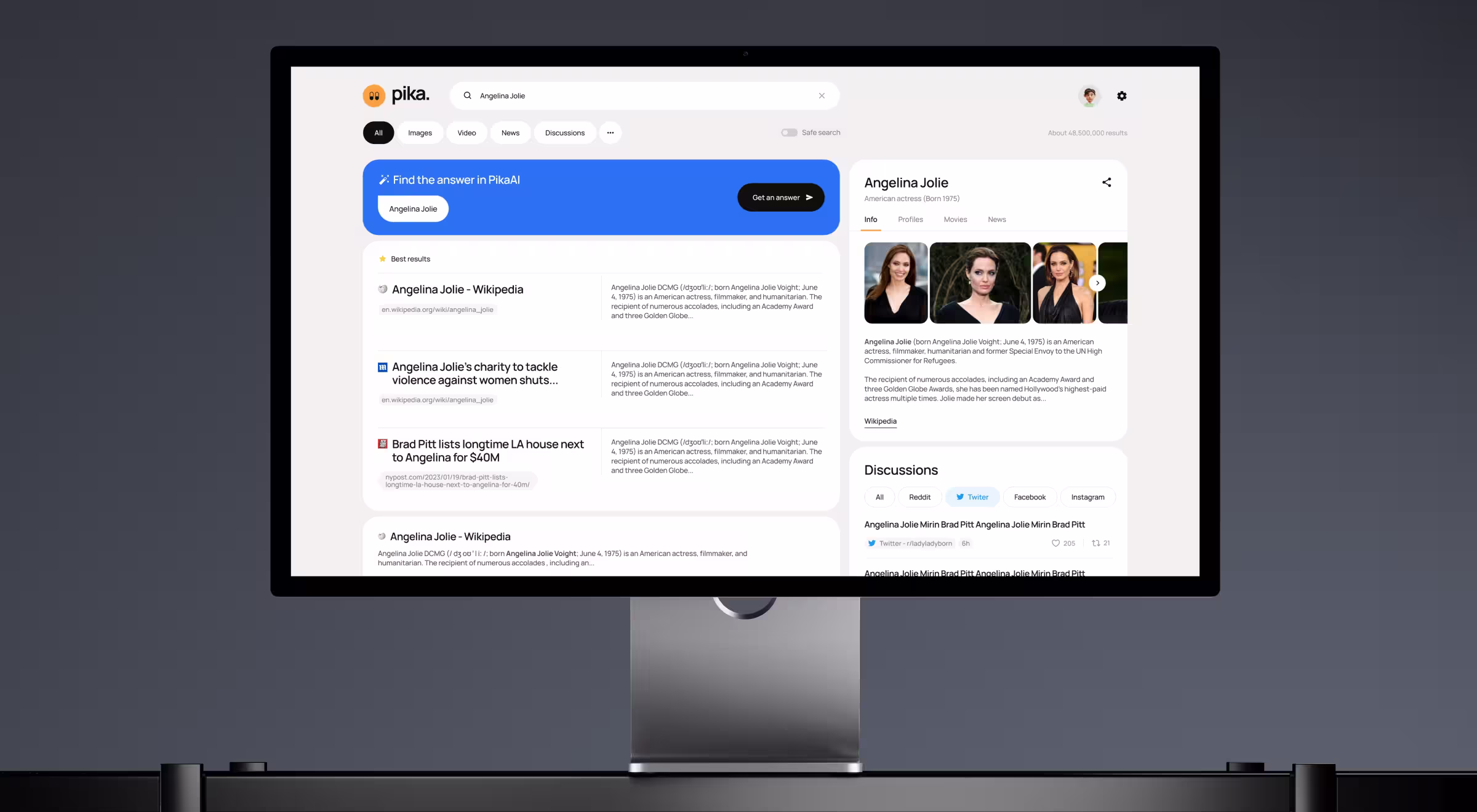 AI-powered search interface combining conversational answers, traditional search results, knowledge panels, and social discussions into a unified search experience.