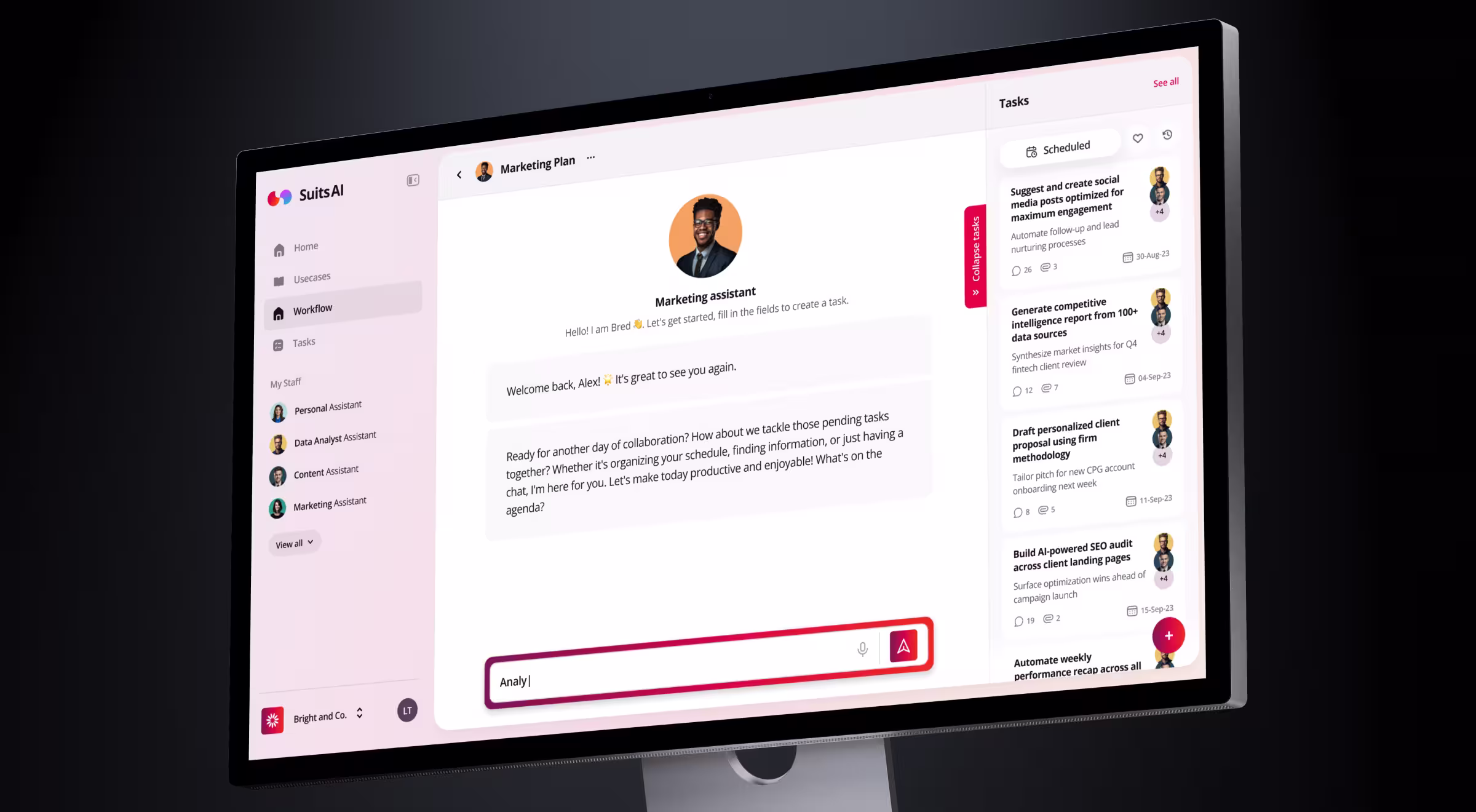 Business AI assistant platform helping marketing teams automate planning, content creation, and workflow management through specialized conversational assistants and task automation.