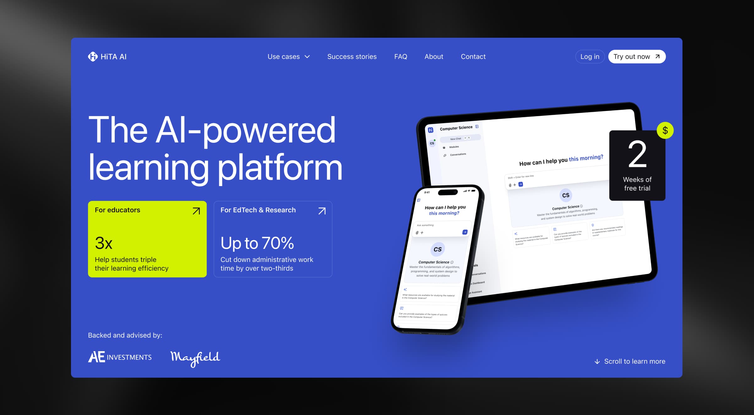 Homepage of an AI-powered learning platform showcasing personalized educational assistants across desktop and mobile. The hero highlights productivity gains for educators and research teams with AI-driven learning support.