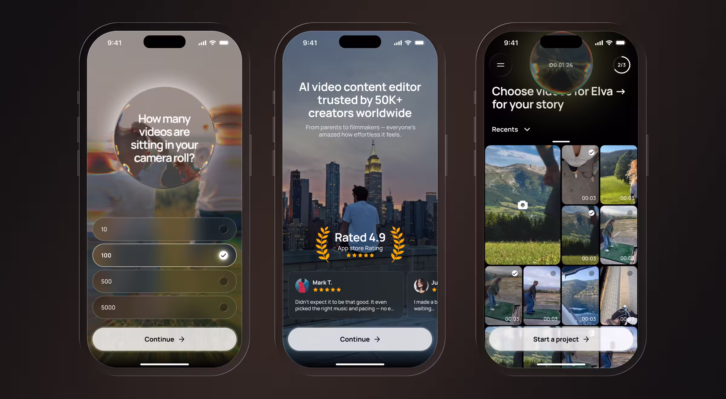 Three Elva AI video editor screens on iPhone: an onboarding question asking how many videos are in the camera roll, an App Store screen rating the editor 4.9 from 50K+ creators, and a video-selection screen for building a story.