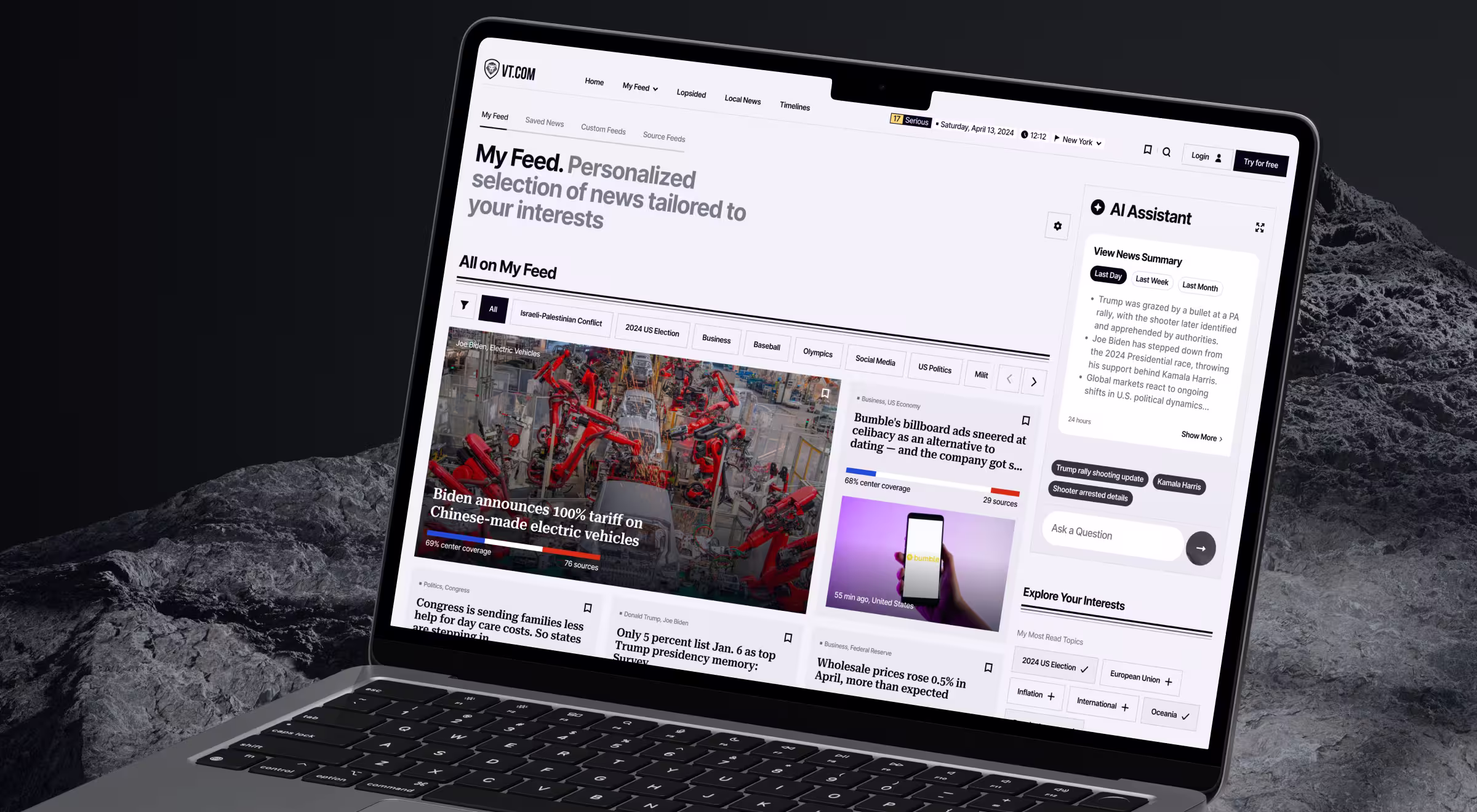 VTnews platform on a MacBook showing a personalized "My Feed" news view with center-coverage bias bars on each story and an AI Assistant panel summarizing the day's headlines.