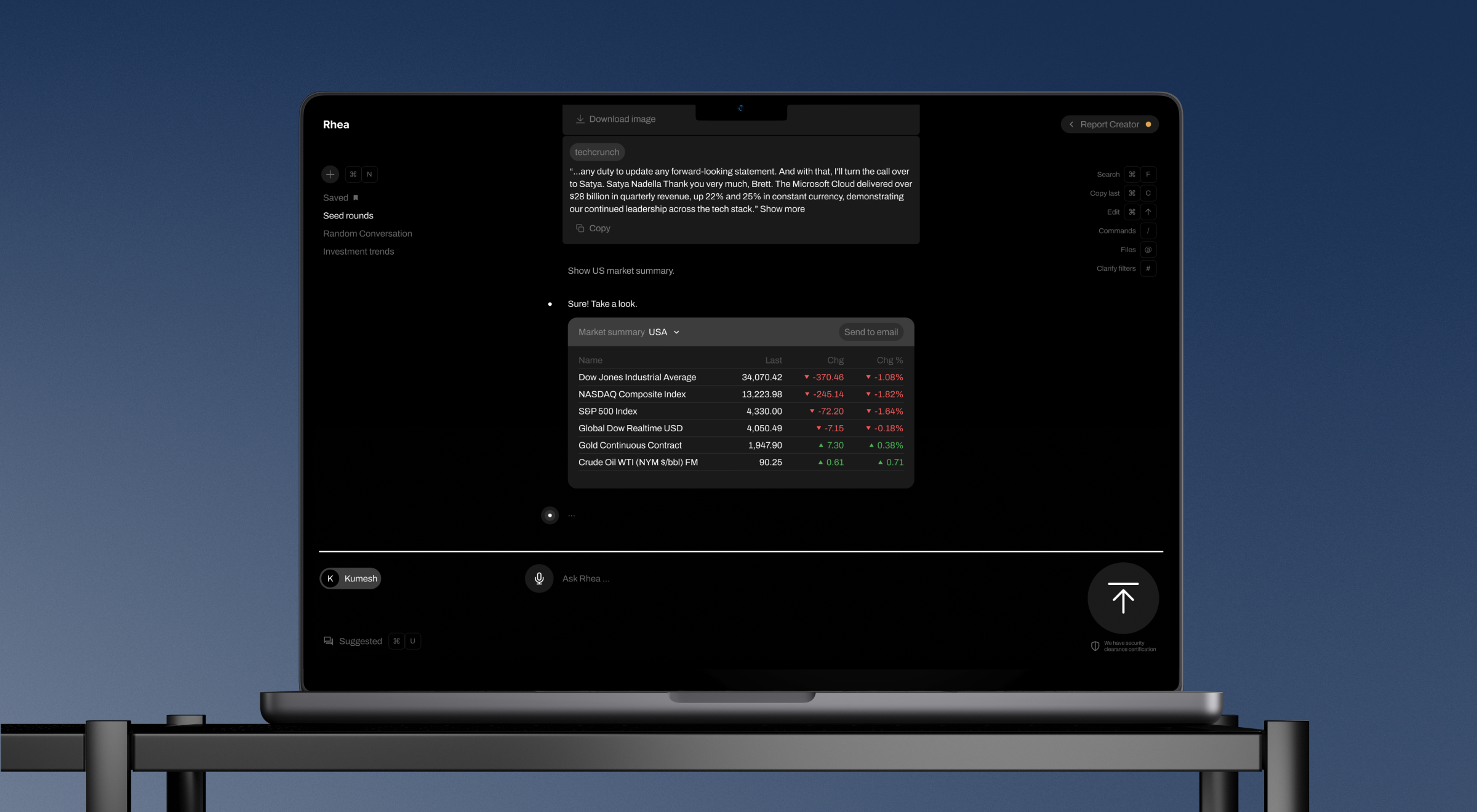 Rhea AI assistant on a laptop, answering a market summary request with a live index table