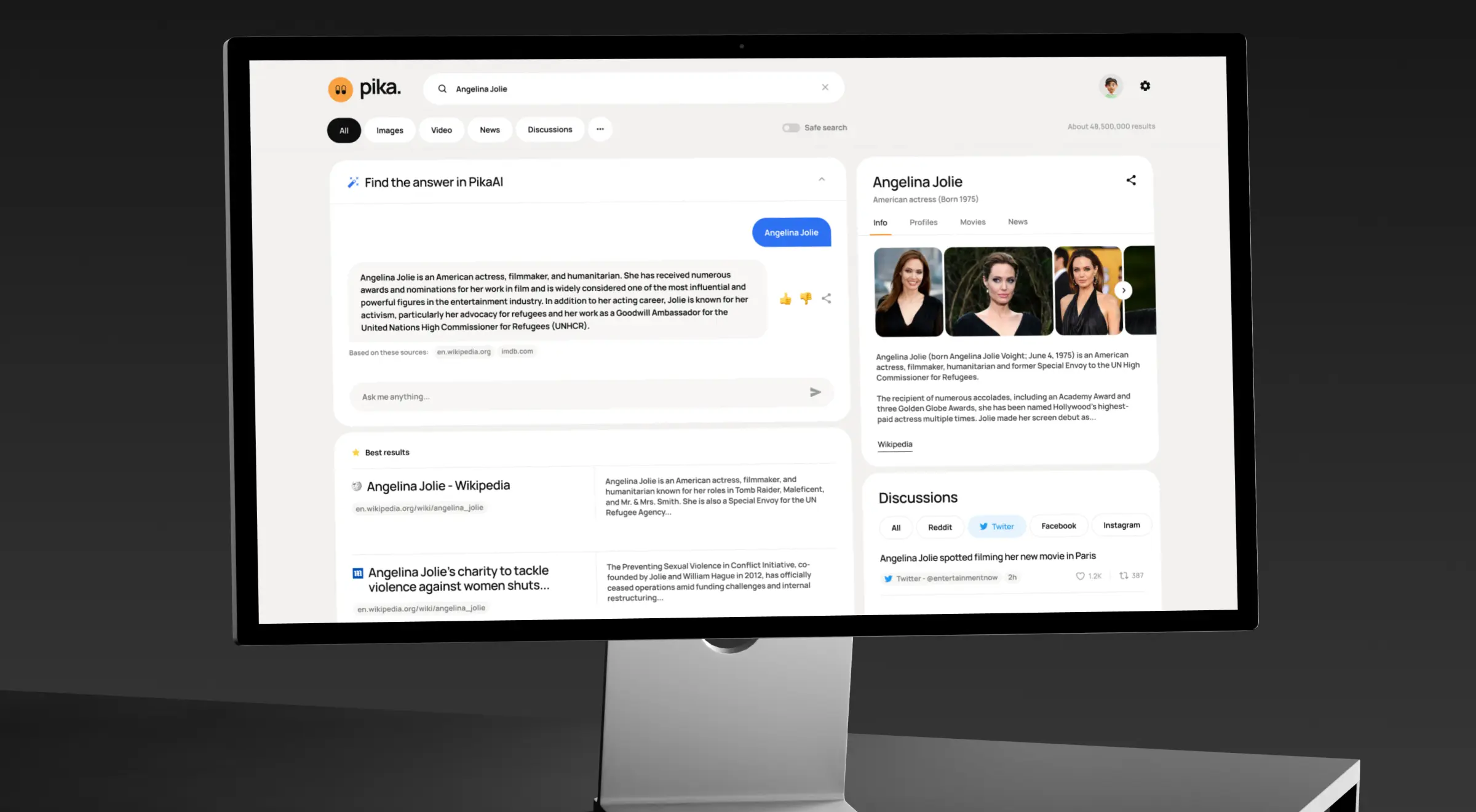 Pika search results page with an AI answer panel, best results list, and a knowledge card sidebar