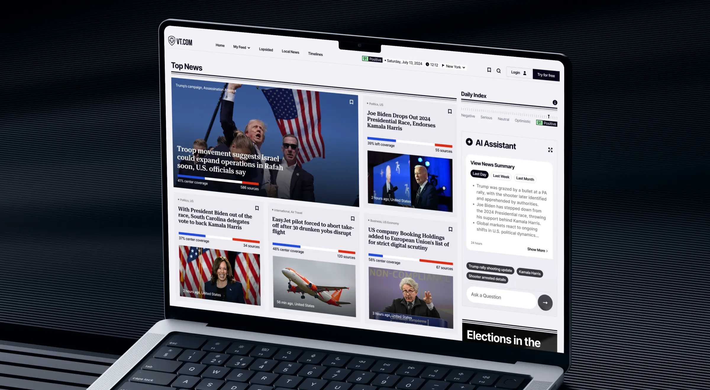 VTnews.ai top news page with coverage bias bars, source counts, a daily index, and an AI assistant panel