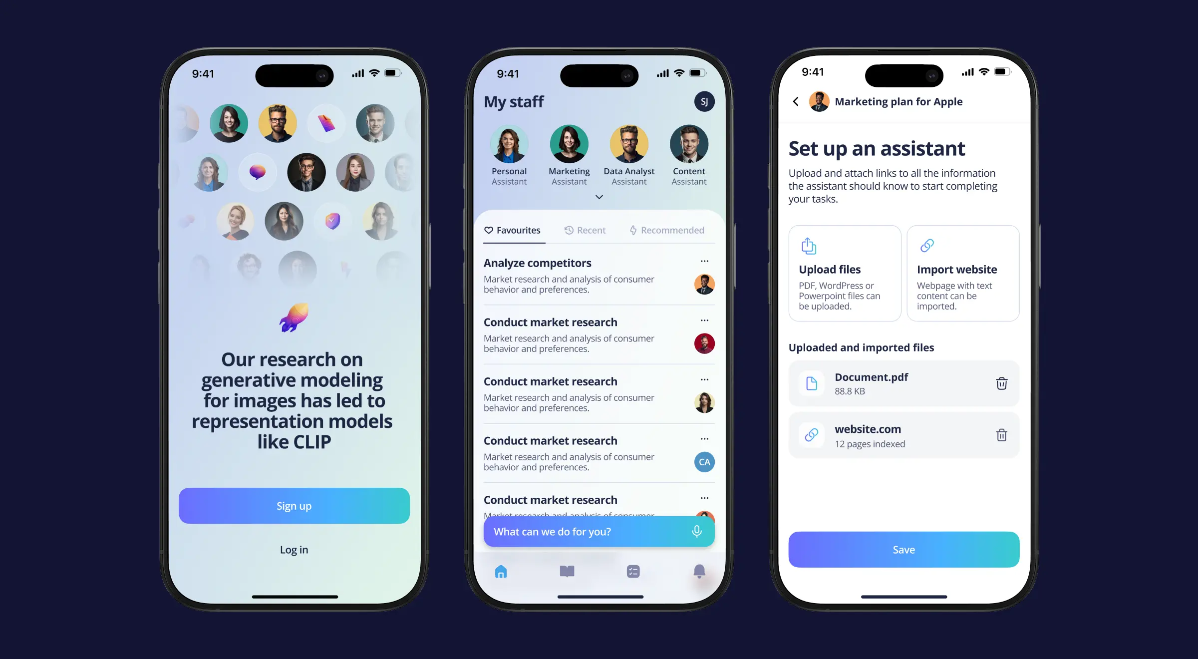 Three screens of an AI assistant app: onboarding, a staff list of assistants, and an assistant setup form