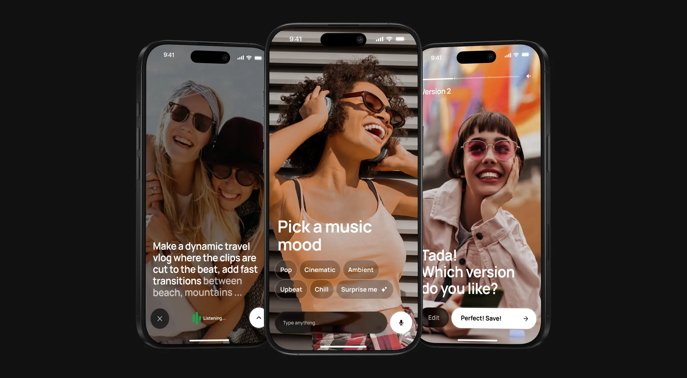 Three phone screens showing a voice-driven video editor: prompt input, music mood picker, and version choice