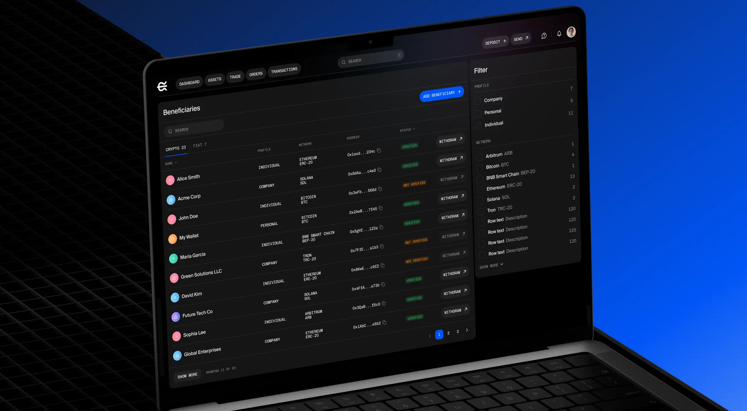 Crypto platform beneficiaries table with wallet addresses, network labels, and verified status badges
