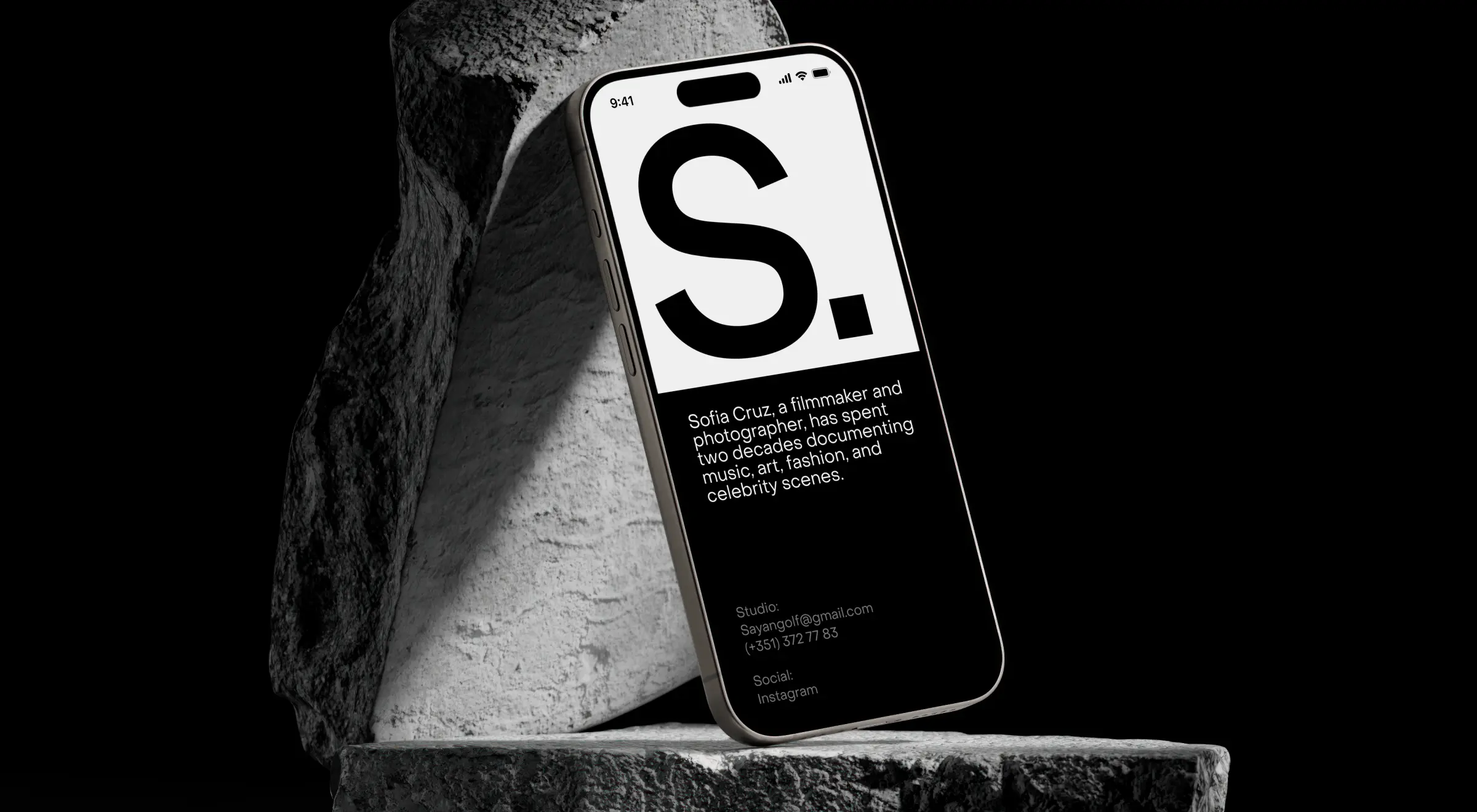 Phone leaning on stone showing a black and white portfolio app with a large S monogram and artist bio