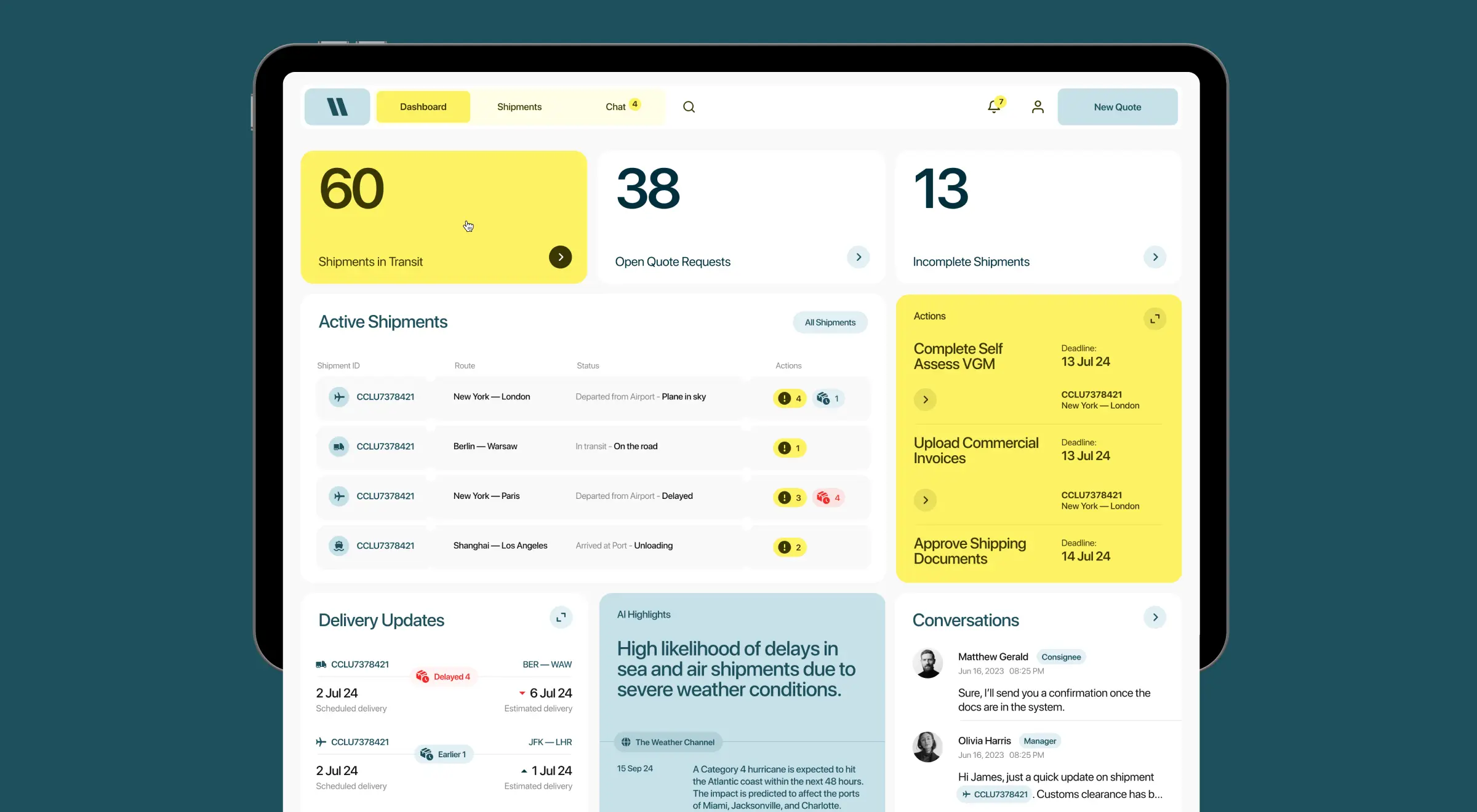 Freight dashboard on a tablet with shipment counts, an active shipments table, pending actions, and AI highlights