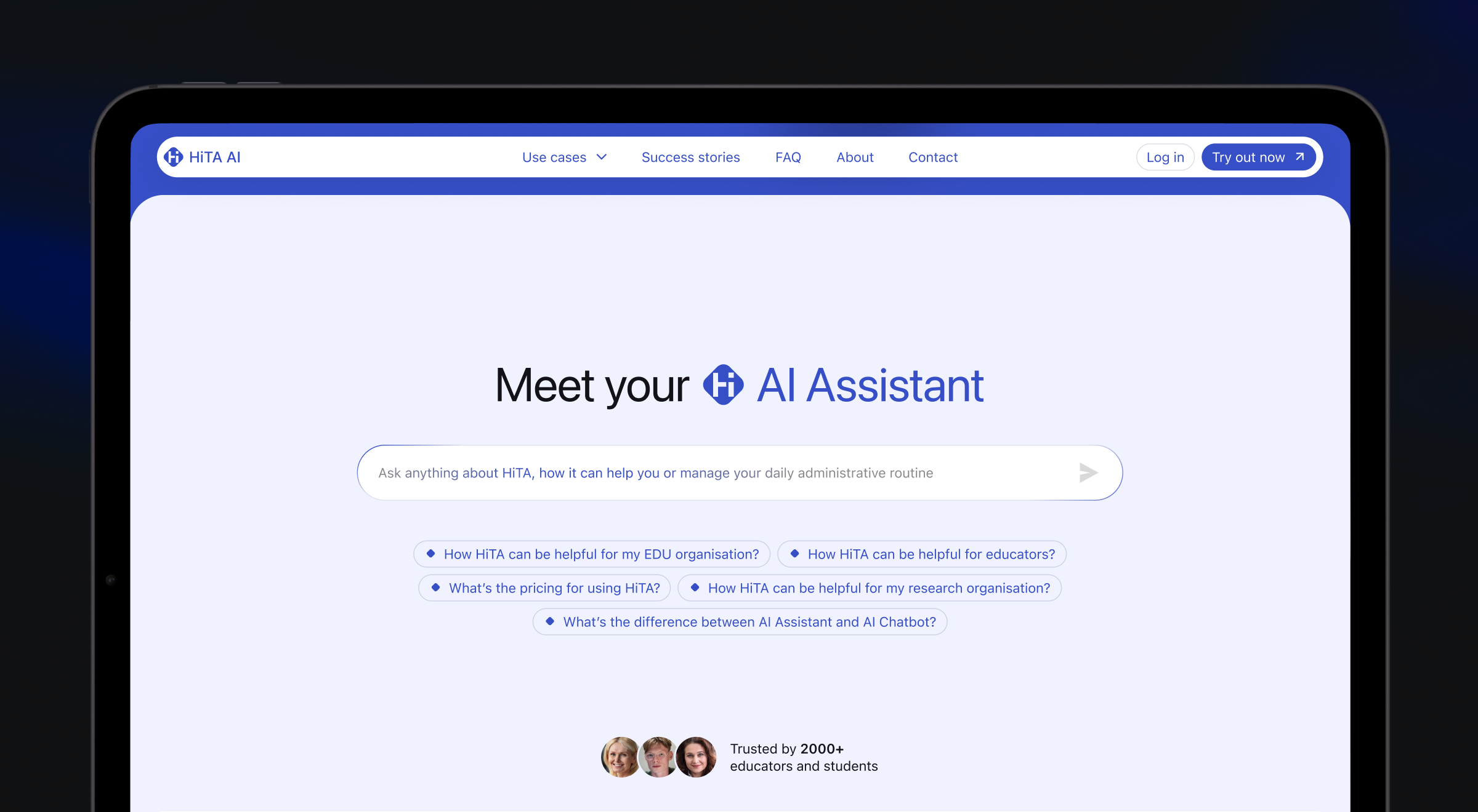 HiTA AI homepage with a "Meet your AI Assistant" hero, ask bar, and suggested question chips