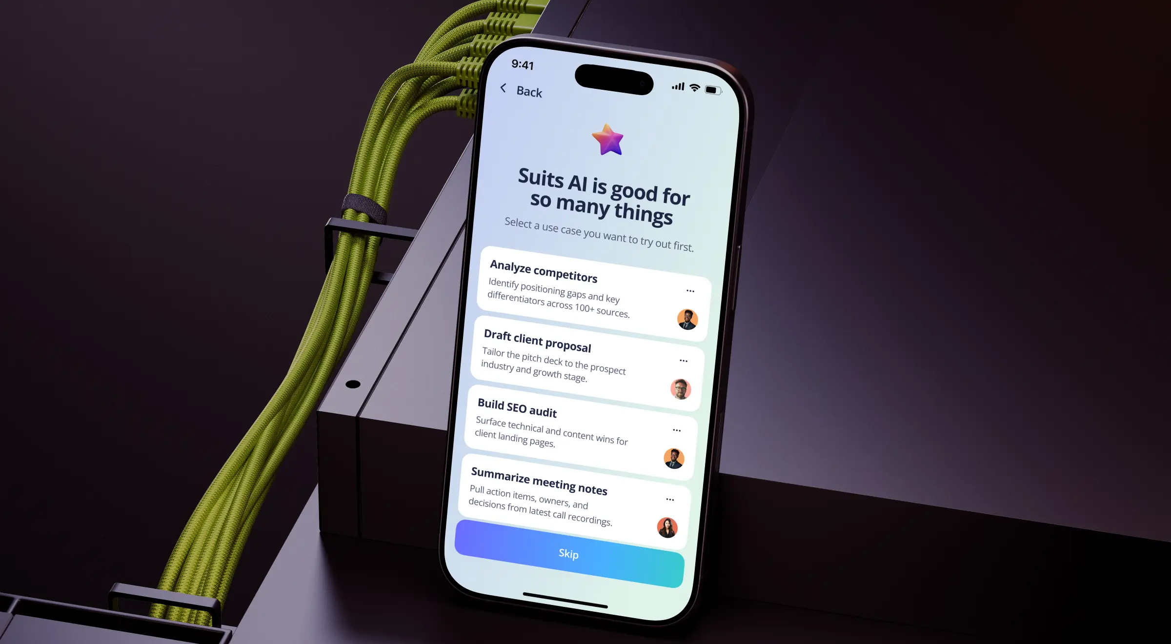 Suits AI onboarding screen asking users to pick a first use case from four task cards