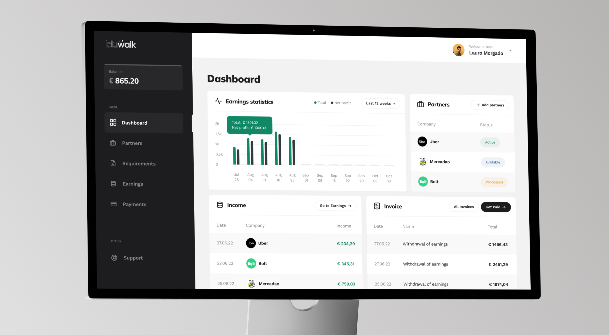 Bluwalk driver dashboard with earnings statistics, partner statuses, income rows, and invoices